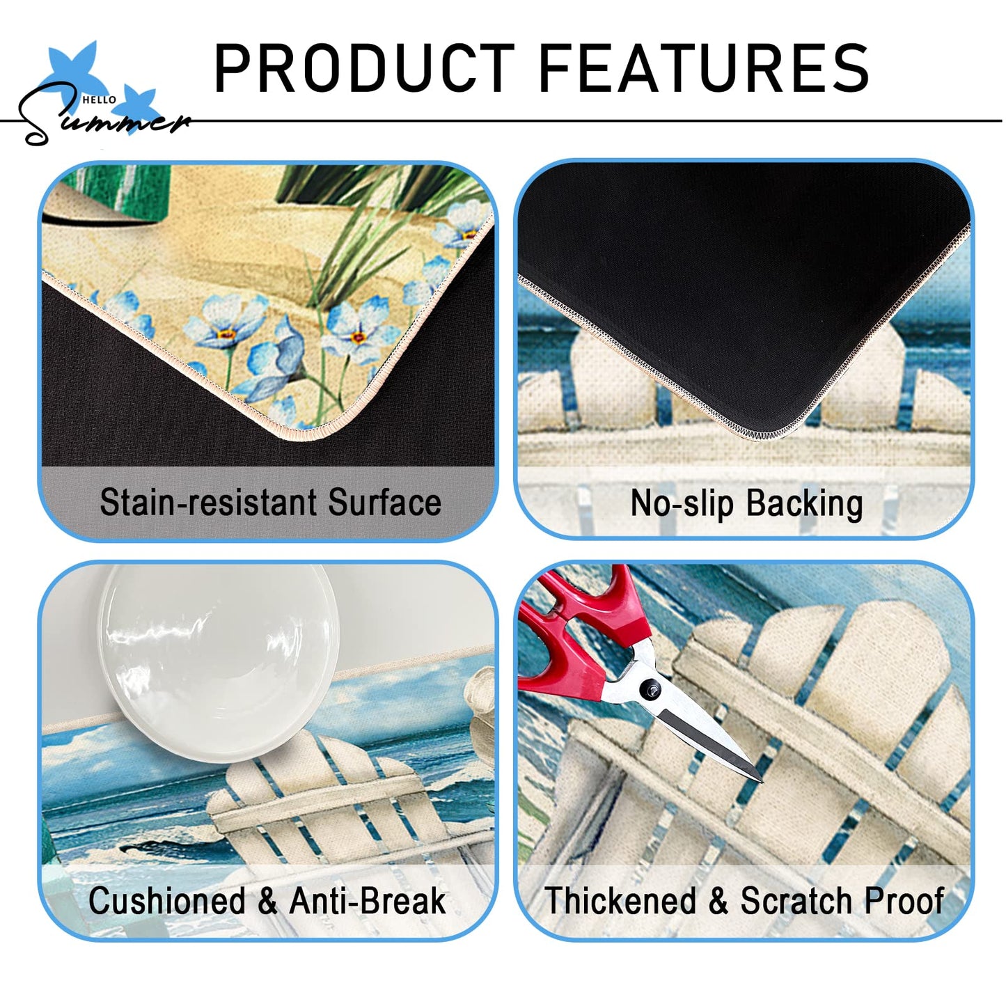 Tailus Summer Blue Sea Chairs Beach Decorative Kitchen Rugs Set of 2, Ocean Seagull Sailboat Kitchen Mat Coastal Non-Slip Floor Mat, Nautical Home Kitchen Decorations 17x29 and 17x47 Inch