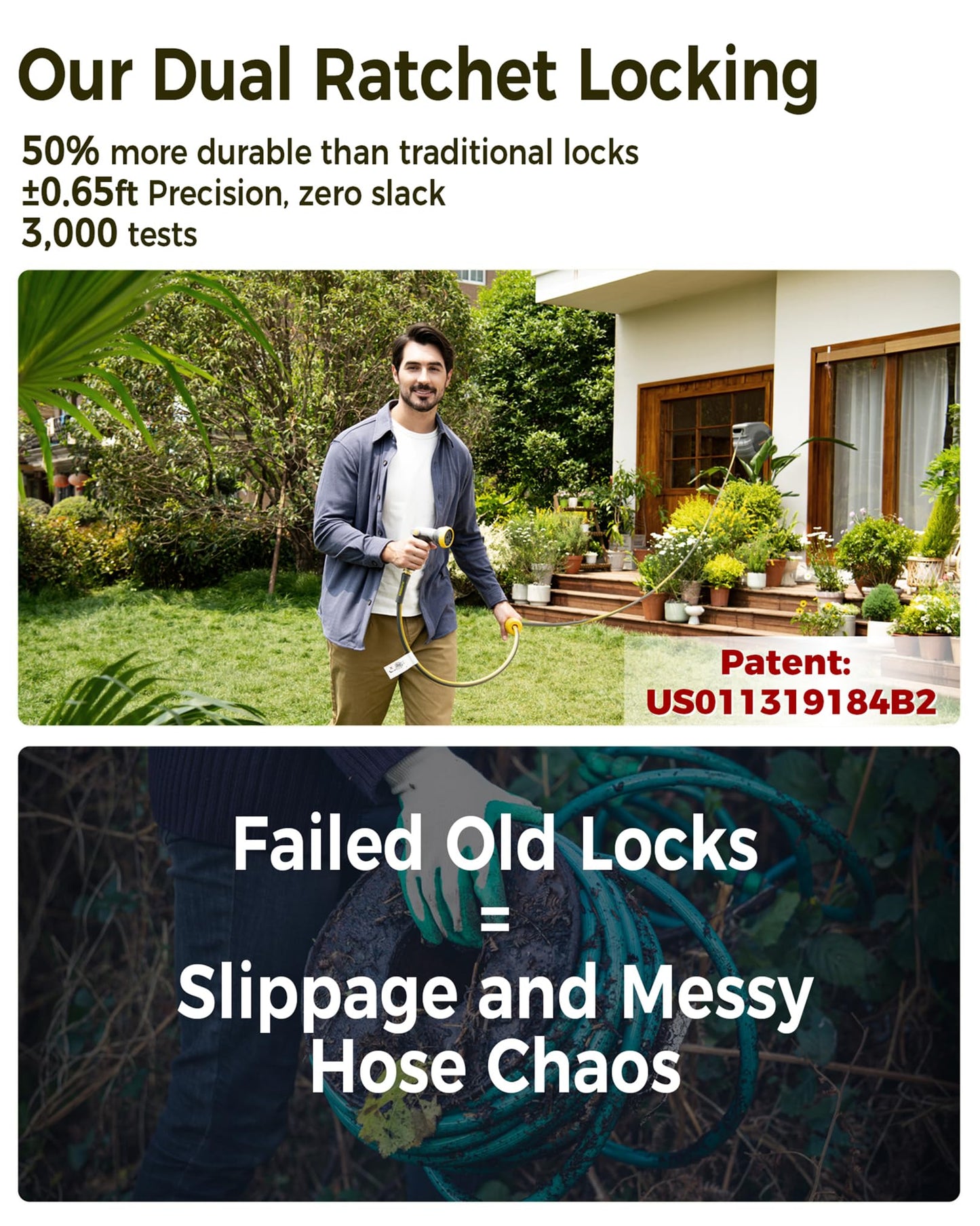 GLAHODEN Retractable Garden Hose Reel 1/2 in x 65 ft, 2025 Upgraded Dual Ratchet Lock UV & Freeze Protection Brass Seal Slow Retraction Anti-Tangle Hose 180°Swivel Reinforced Scaffold Wall Mount