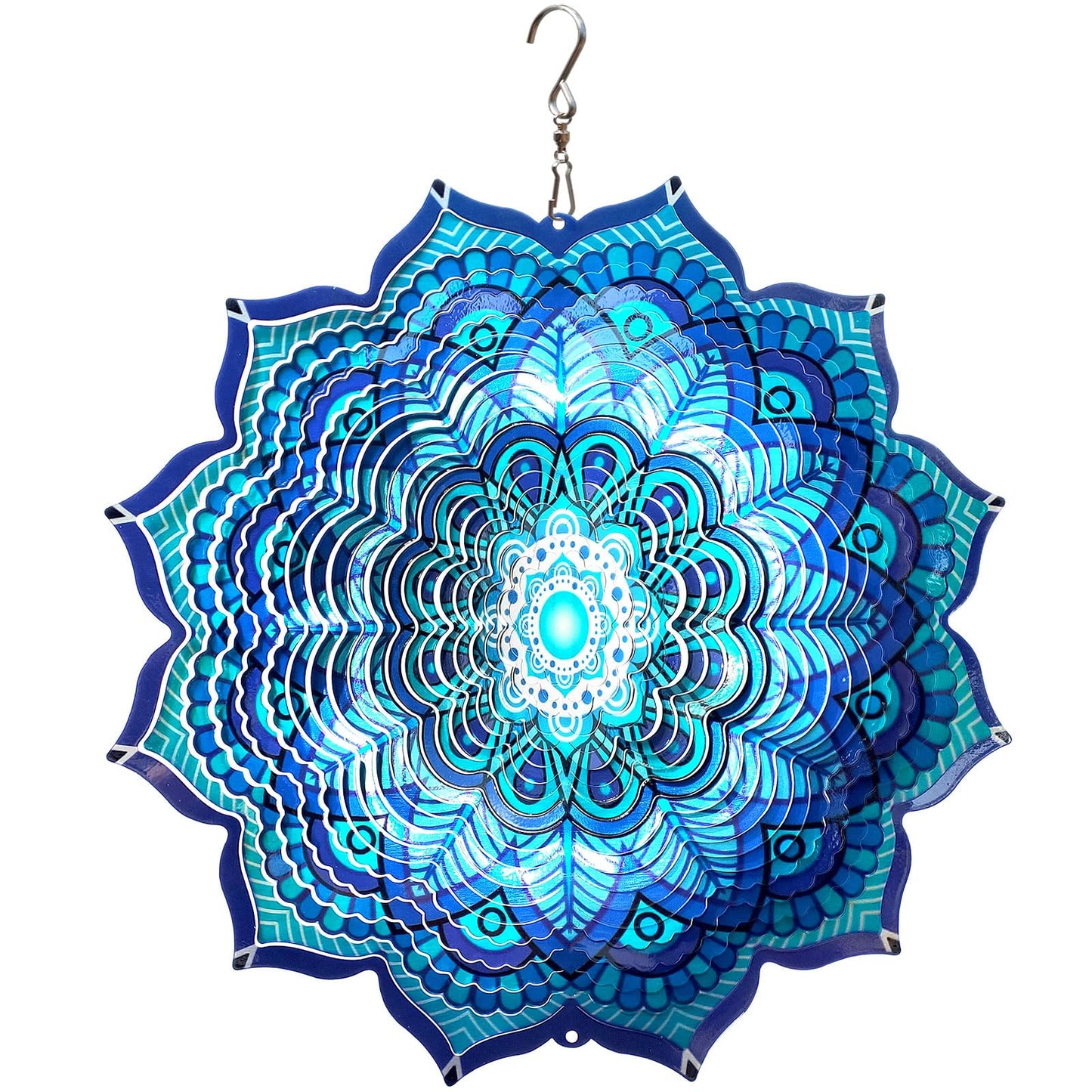 Goolyrusim Wind Spinner Mandala Rich Blue 12inch 3D Stainless Steel Wind Spinners Laser Cut Metal Hanging Wind Sculptures Kinetic Yard Art Decoration Garden Ornament Indoor/Outdoor Décor Worth Gift