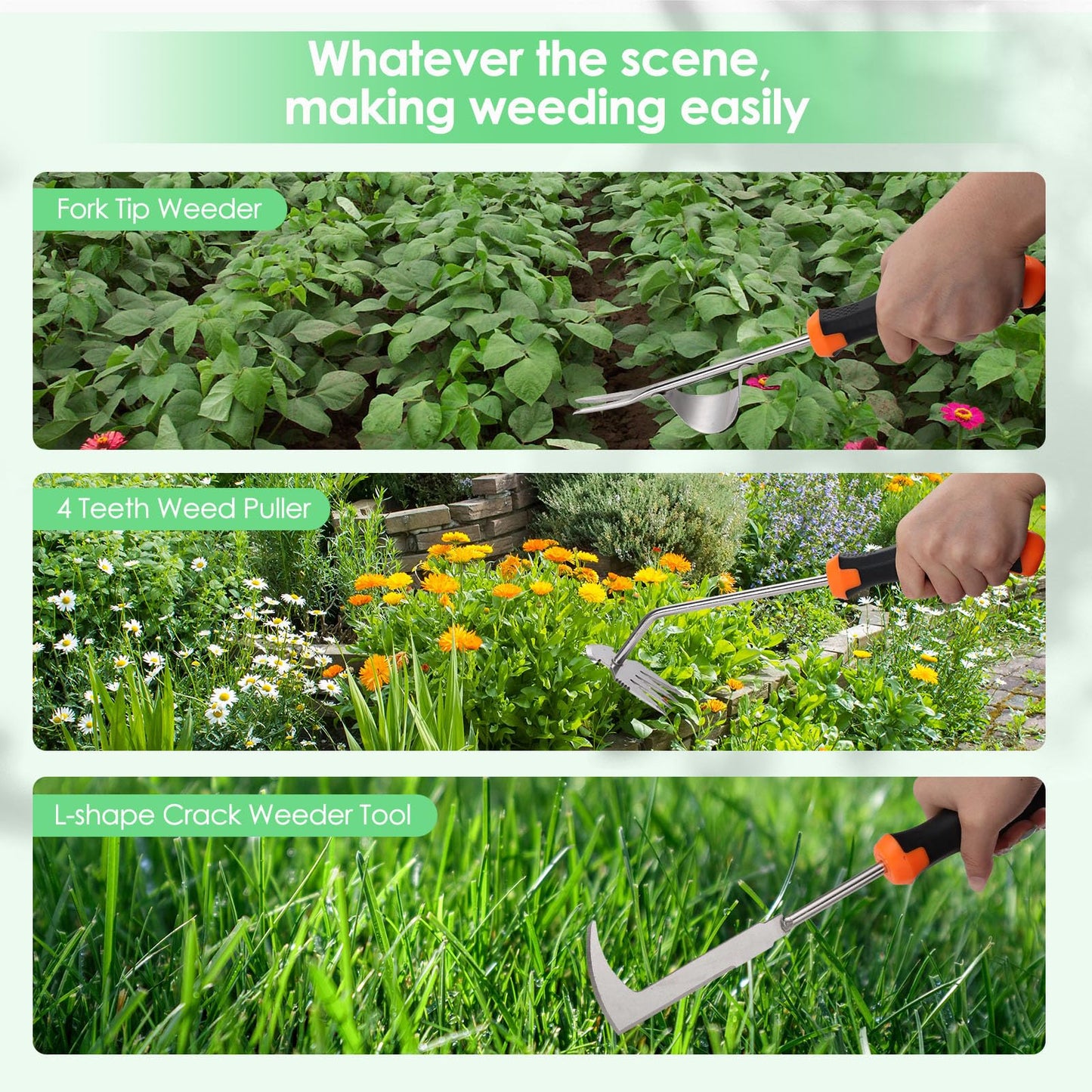 Foyucool Weed Puller Tool, Set of 3, Rubber Handle Weed Remover Tool, Manual Weeder,L-Shaped Weeding Tool, Thickened Stainless Steel Crack Weeder,Planting and Weeding for Garden, Patio