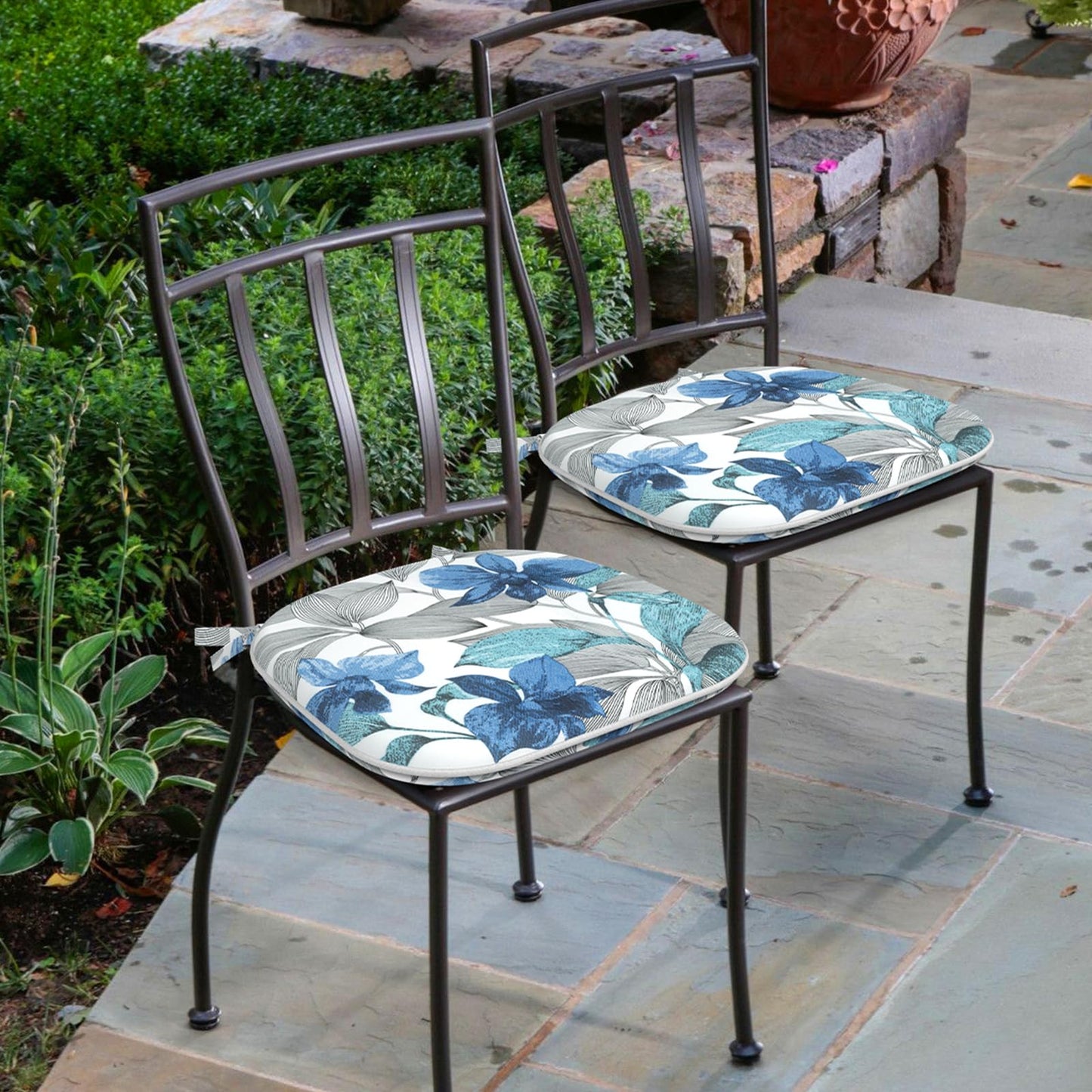 Melody Elephant Outdoor Chair Cushions Set of 4, Water Resistant Patio Chair Pads with Ties, Seat Cushions for Home Garden Furniture Decoration, 16"x17", Clemens Noir Blue