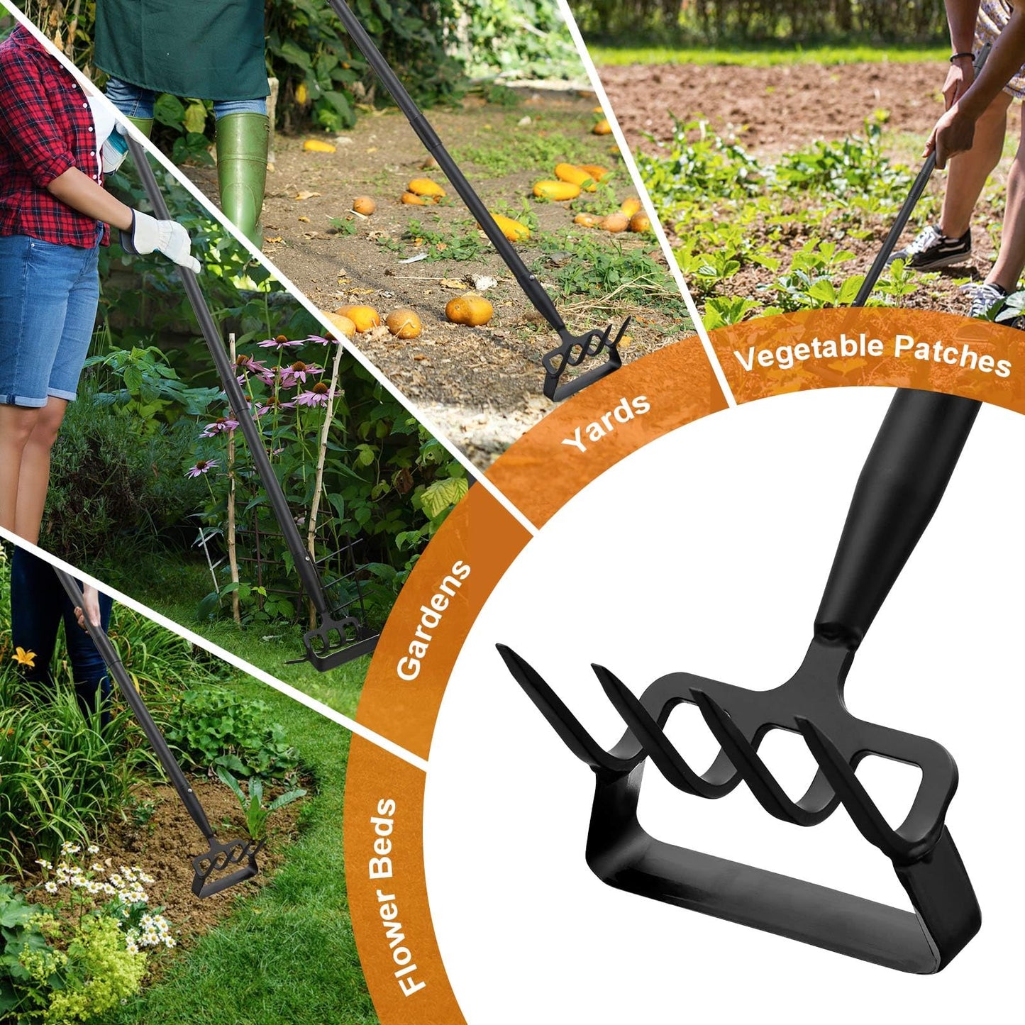 Garden Hoe with Cultivator Rake - Heavy Duty Stirrup Hoe Gardening Tool,Sharp Blade,60 Inch Adjustable Long Handle,Scuffle Action Hoes for Fast Weeding,Grass Weeder Removal,Loosen Soil