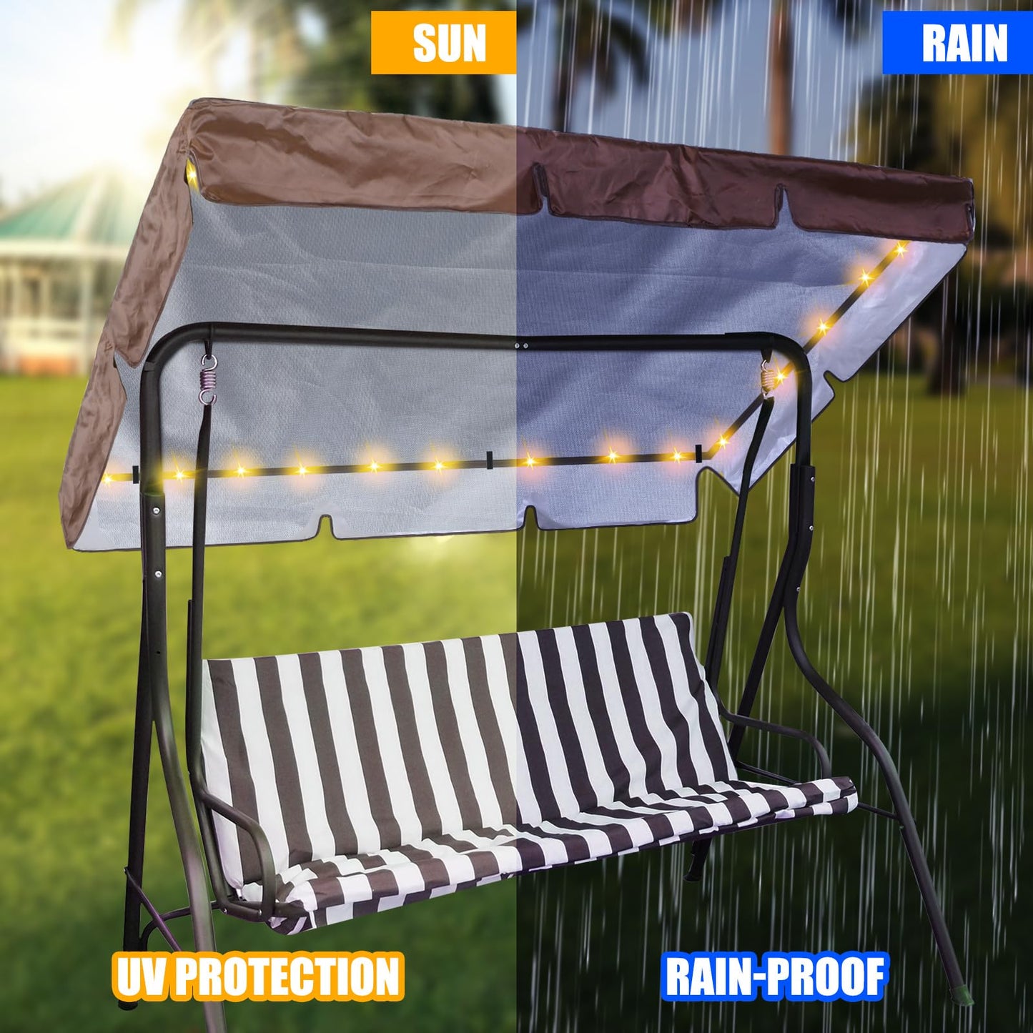 GliCraft LED Lighted Patio Swing Canopy Replacement Top Waterproof LED Porch Swing Canopy Cover 2-3 Seat Shade Awning Covers for Garden Outdoor Yard Park(65 x 45 Inch,Brown)
