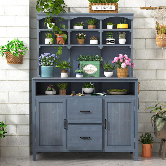 Merax 45.3" Large Outdoor Fir Wood Potting Bench with Storage, Multi-Functional Patio Kitchen Island with 6-Shelf Hutch+2 Cabinets+2 Drawers+3 Hooks, Garden Workstation for Planting, Gardening, Gray