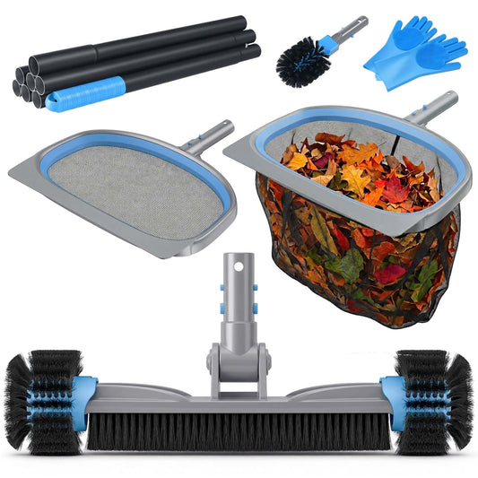 UIRWAY 6-in-1 Deluxe Swimming Pool Cleaning Kit - Includes Detachable Pool Brush, Deep Leaf Skimmer & Fine Mesh Net, Small Brush, Gloves, Adjustable Aluminum Pole Inground & Above Ground Cleaning