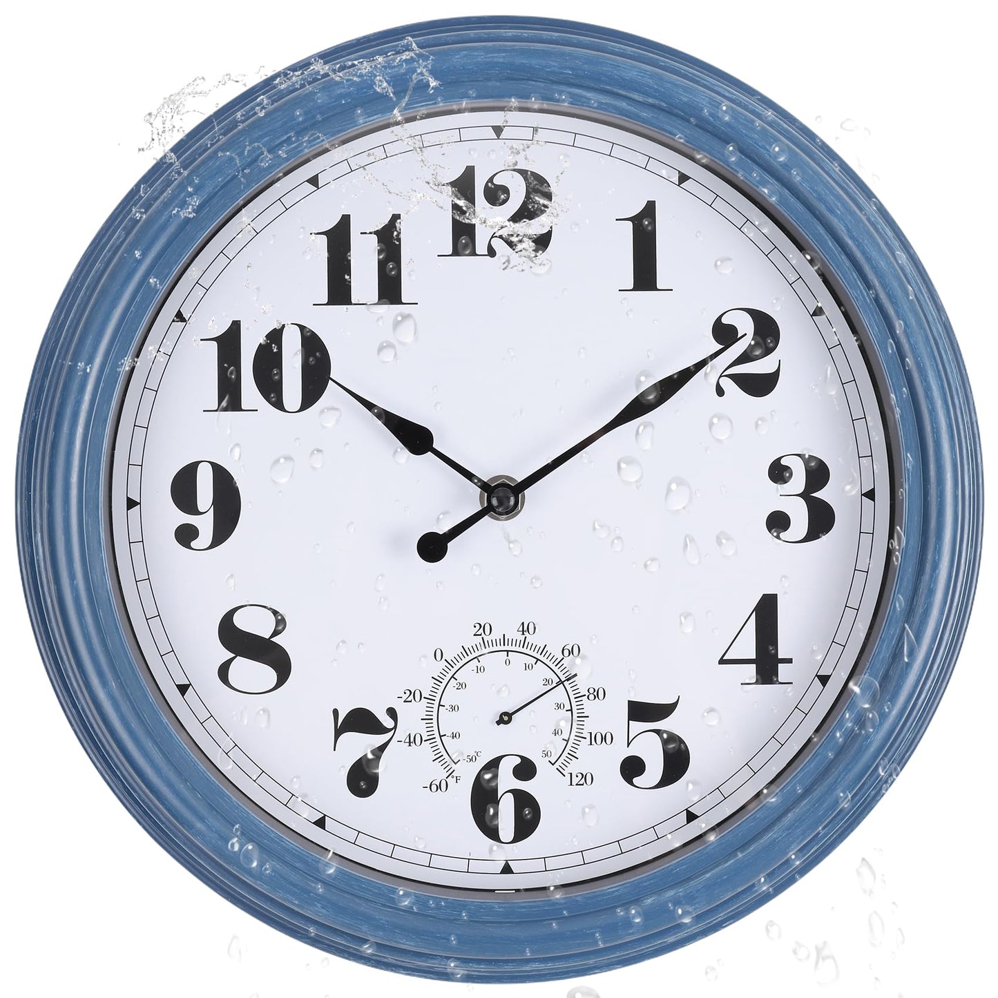 Aurowit Outdoor Clock Waterproof 14 Inch Outdoor Clocks with Thermometer Combo Wall Clock Battery Operated Non-Ticking Blue Clocks for Patio Pool