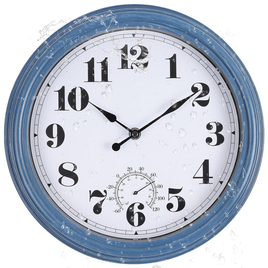 Aurowit Outdoor Clock Waterproof 14 Inch Outdoor Clocks with Thermometer Combo Wall Clock Battery Operated Non-Ticking Blue Clocks for Patio Pool