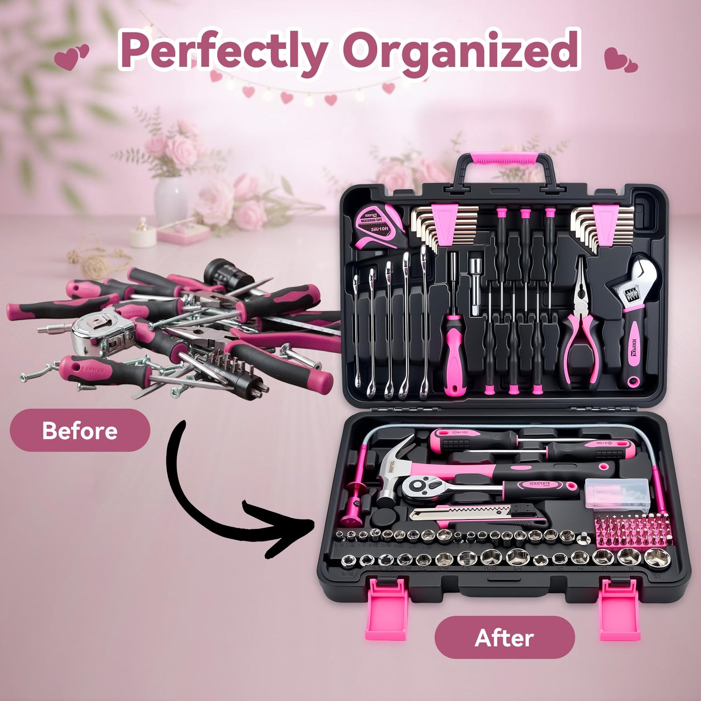 KOOPOOL 159 Piece Pink Tool Set, Tool Kit for Women, General Household pink tool kit for Home Auto Repair, Basic Mechanic Tool Box, with Storage Case