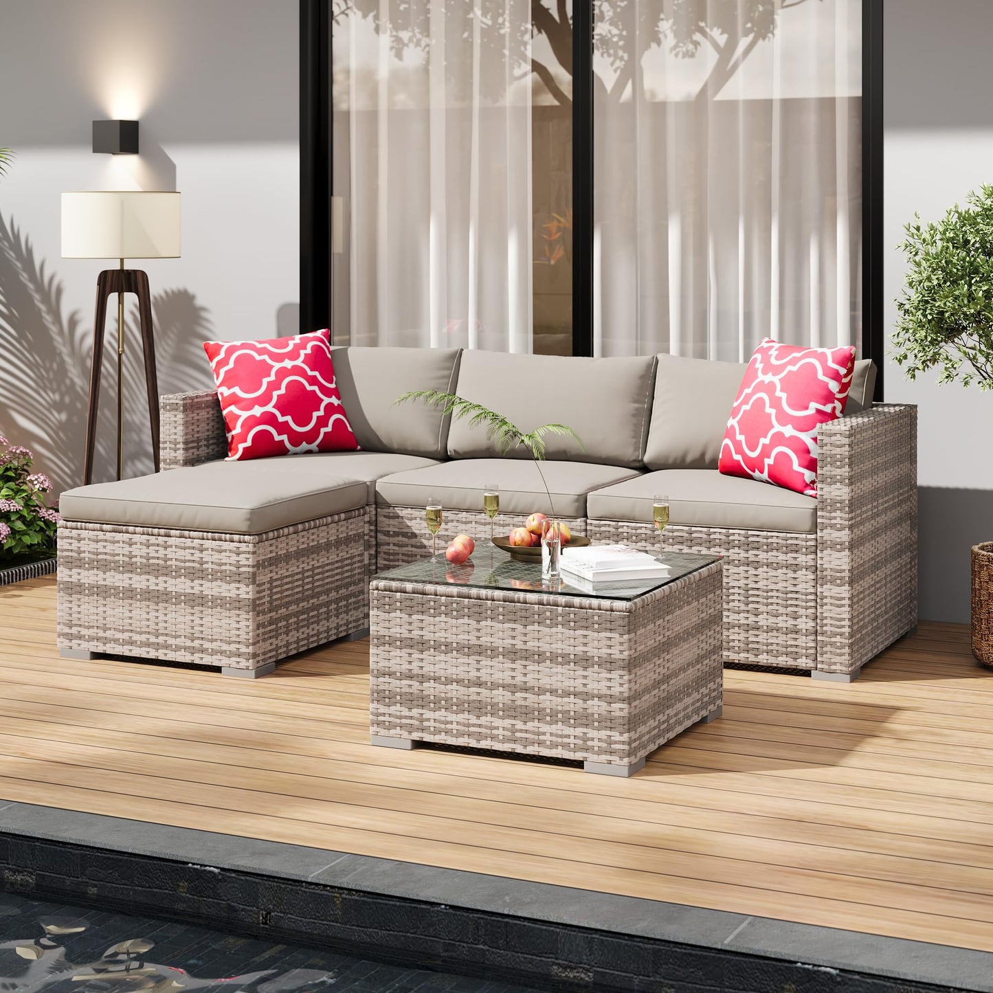 PeakPursuit Outdoor Patio Furniture Set, 5 Pieces Rattan Patio Conversation Sets with Glass Coffee Table and Cushion,All Weather Outdoor Patio Sofa for Garden, Poolside, Backyard,Light Grey