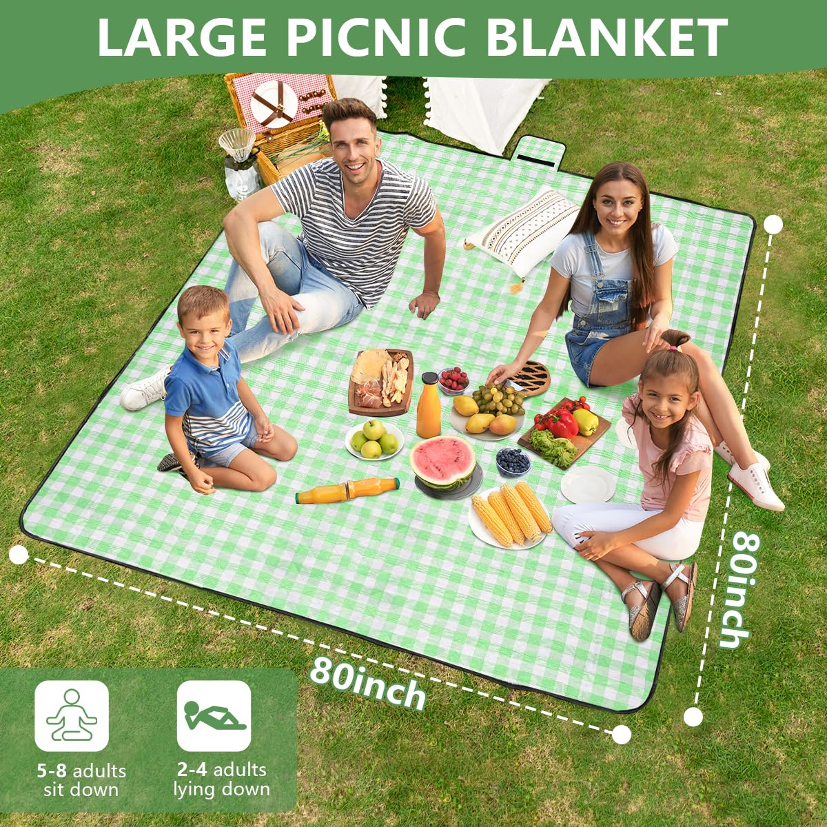 OBTANIM Extra Large Picnic Blanket 80 x 80 Inch Waterproof Foldable Beach Blankets Outdoor Picnic Mat for Camping Grass Lawn Park Music Festival Party Accessories (Green and White)