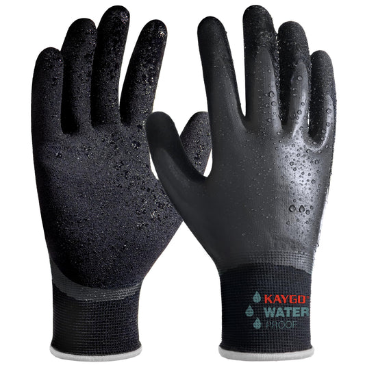 KAYGO Waterproof Work Gloves for Men and Women, Rubber Coated Non-slip Working Gloves for Garden, Outdoor Construction,KG150,Black,XL
