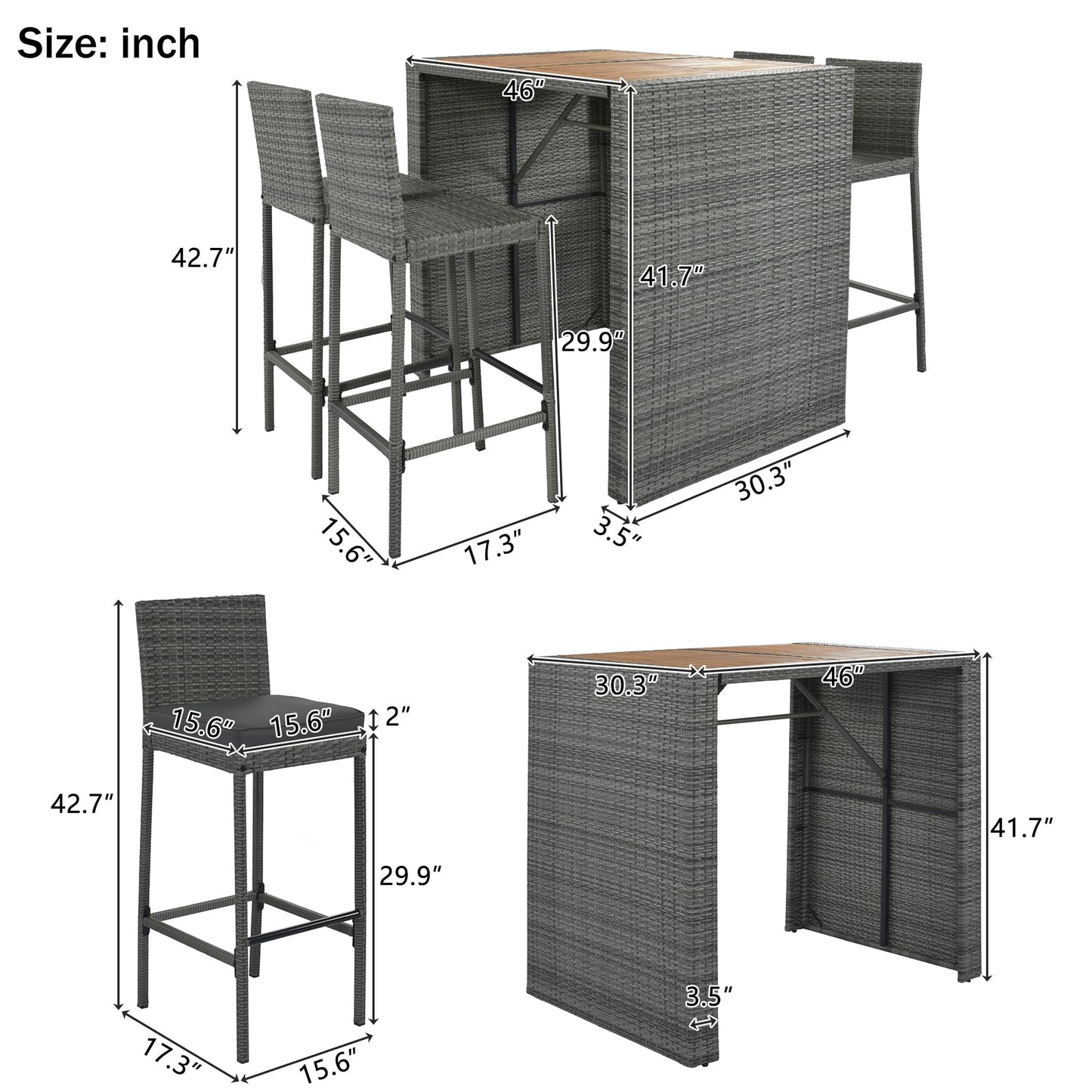 5-Piece Outdoor Wicker Bar Set with Acacia Wood Table and 4 Bar Height Chairs, Removable Cushions, Non-Slip Feet, Rope Secured Seating, Patio, Balcony, Garden, Poolside, Brown Wood Gray Wicker