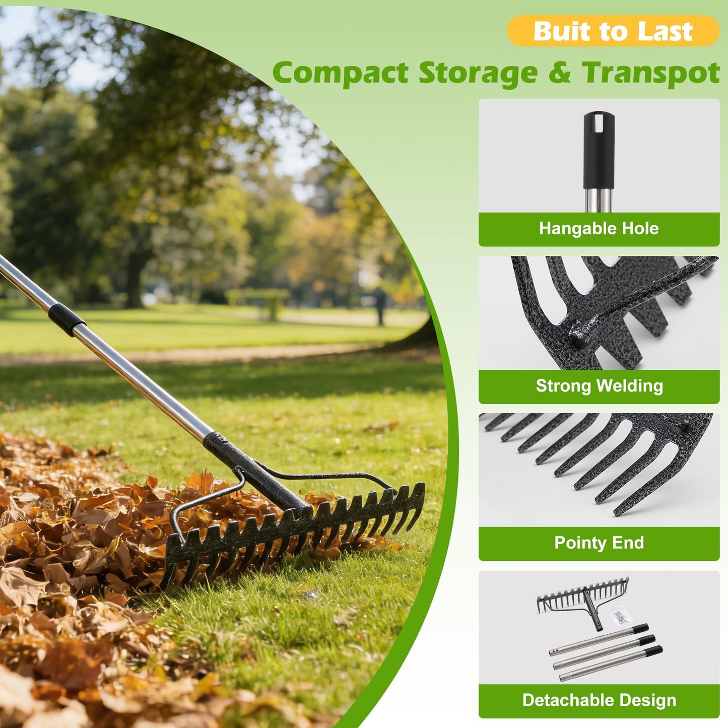 63" Bow Rake,Heavy Duty Metal Garden Rake for Moving Gravel Loosening Soil Leveling Ground Gathering Leaf Debris Spreading Mulch, 17 Tines,Adjustable Handle, for Lawn Garden Farm Landscape Work