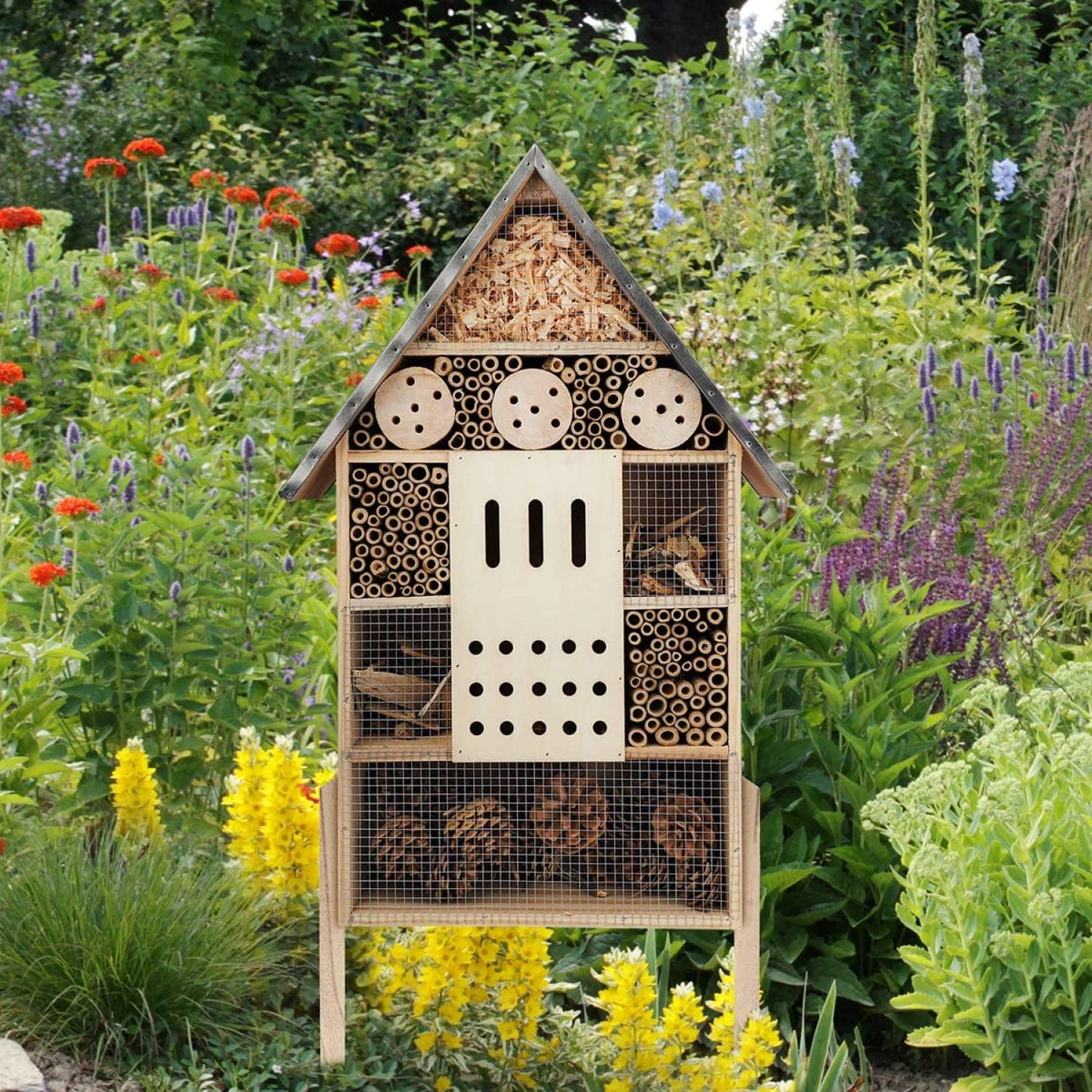 wildlife friend Insect Hotel XXL Standing - bee Hotel with Stand 30 inch, Metal roof - Large Wild bee Hotel - Insect House for Bees, Ladybugs and Butterflies | Insect Hotel kit