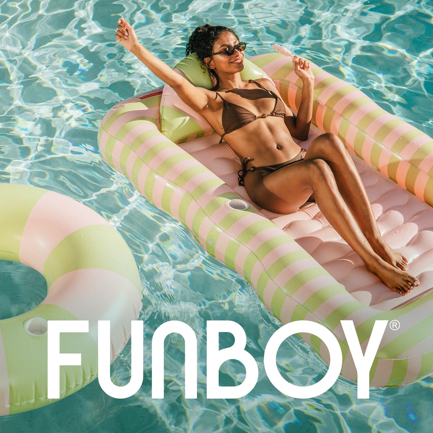 FUNBOY Tanning Pool Lounger Float Coral Stripe, XL 72'' x 48'' Pool Float with Custom Pillow and Large Cup Holder, Perfect for Pool or Backyard.