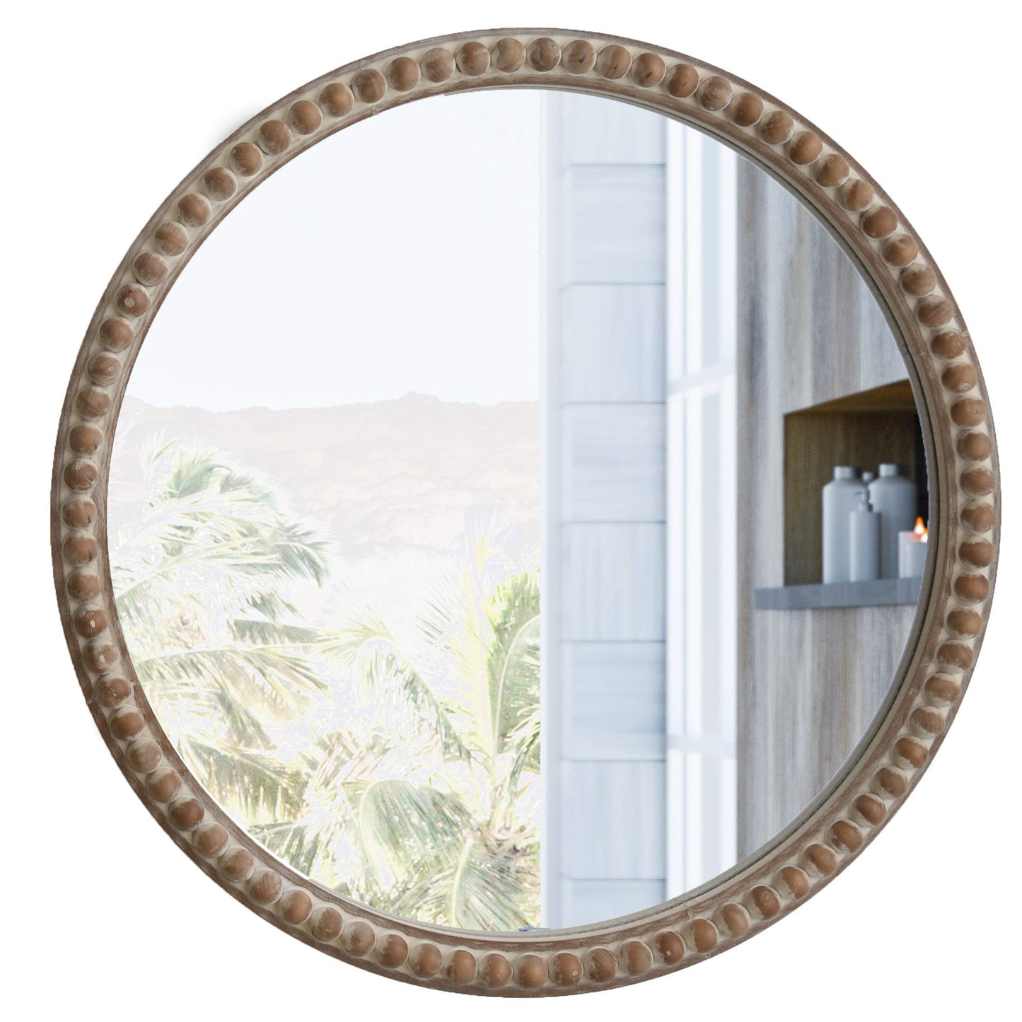 COZAYH Distressed Wood Frame Accent Mirror, Rustic Farmhouse Style Decorative Wall Mirror (Round)