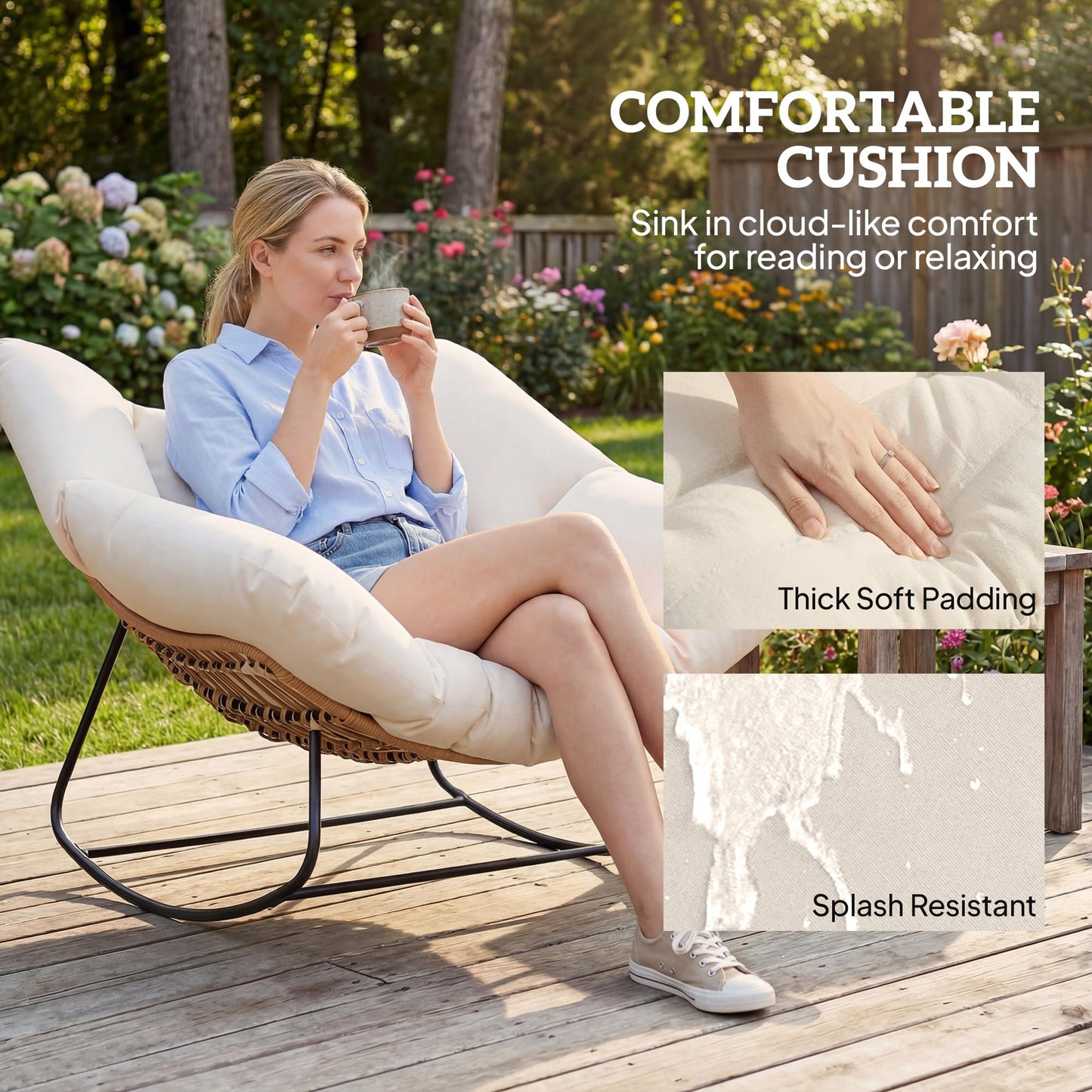 Outsunny Papasan Rocking Chair, Wicker Oversized Indoor Outdoor Rocking Papasan Chair with Cushion, PE Rattan Outdoor Rocker Egg Chairs for Living Room, Garden, Patio, Balcony, Beige