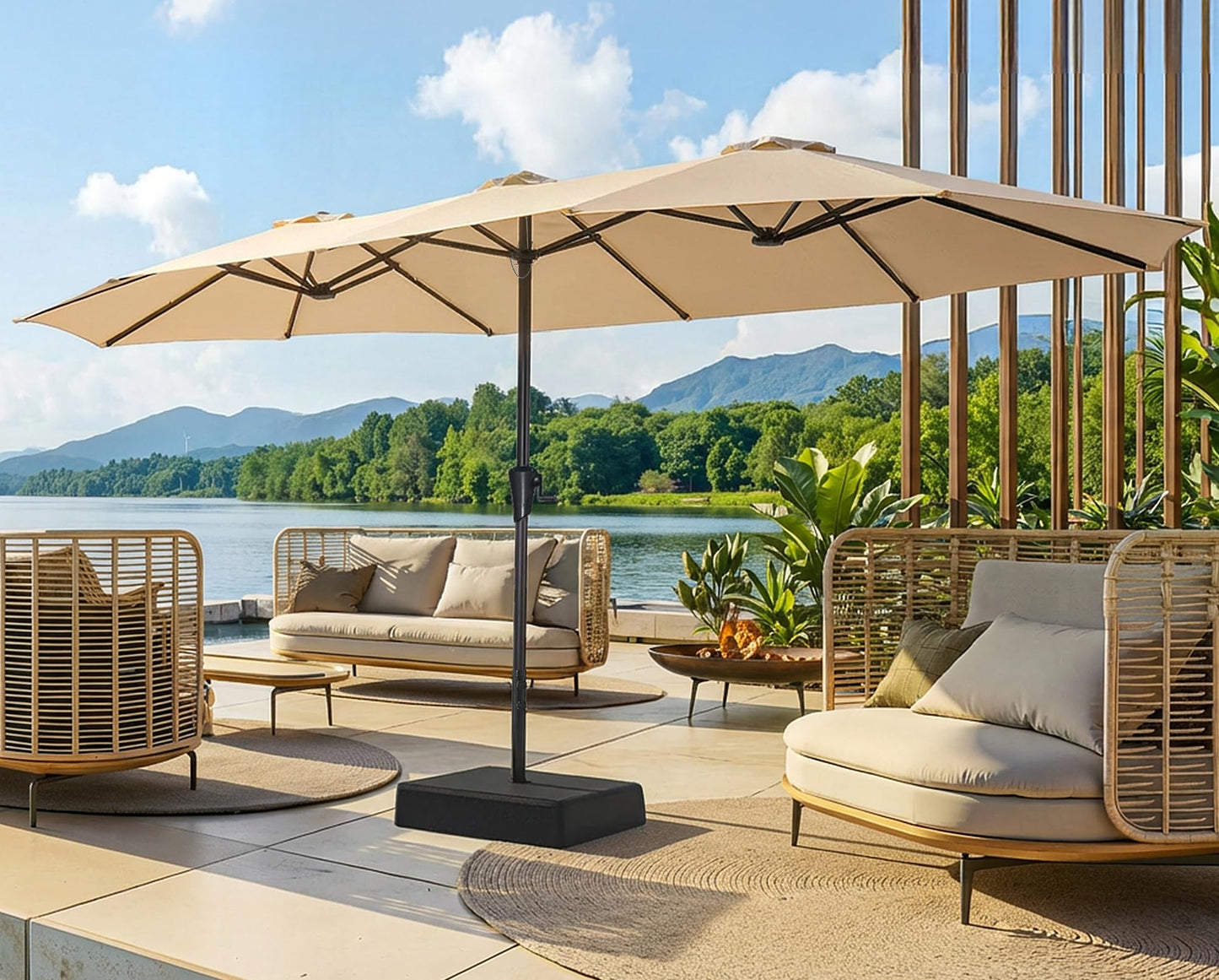 SUPERJARE 15FT Outdoor Patio Umbrella with Base Included, Double Sided Pool Umbrellas with Fade Resistant Canopy, Extra-Large Table Umbrella for Deck, Market, Backyard, Beige