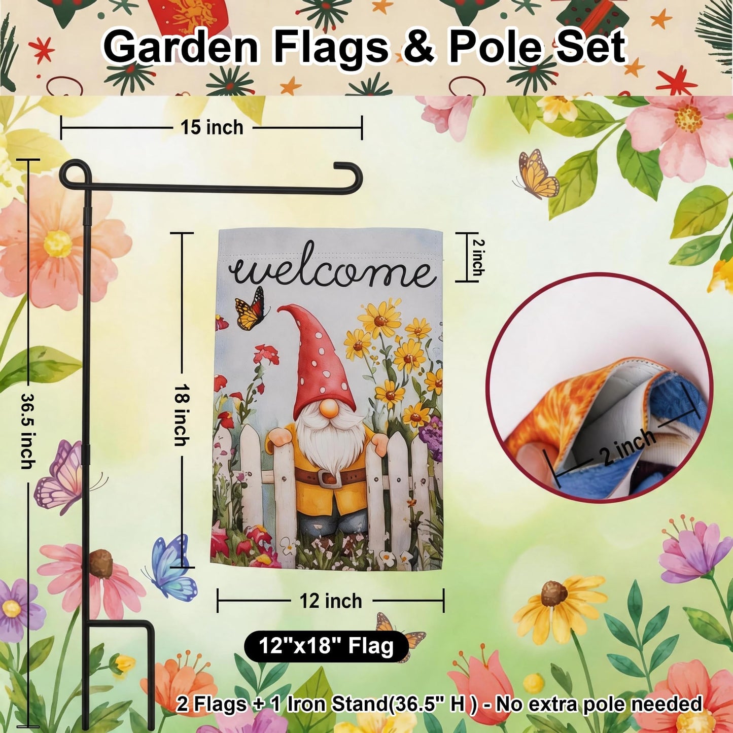 Topadorn Suede Garden Flag Stand Set with 2 Suede Double-Sided 12x18 Inch Flags – Metal Holder Pole Stake for Yard, Patio, Lawn Outdoor Decor(Flower)