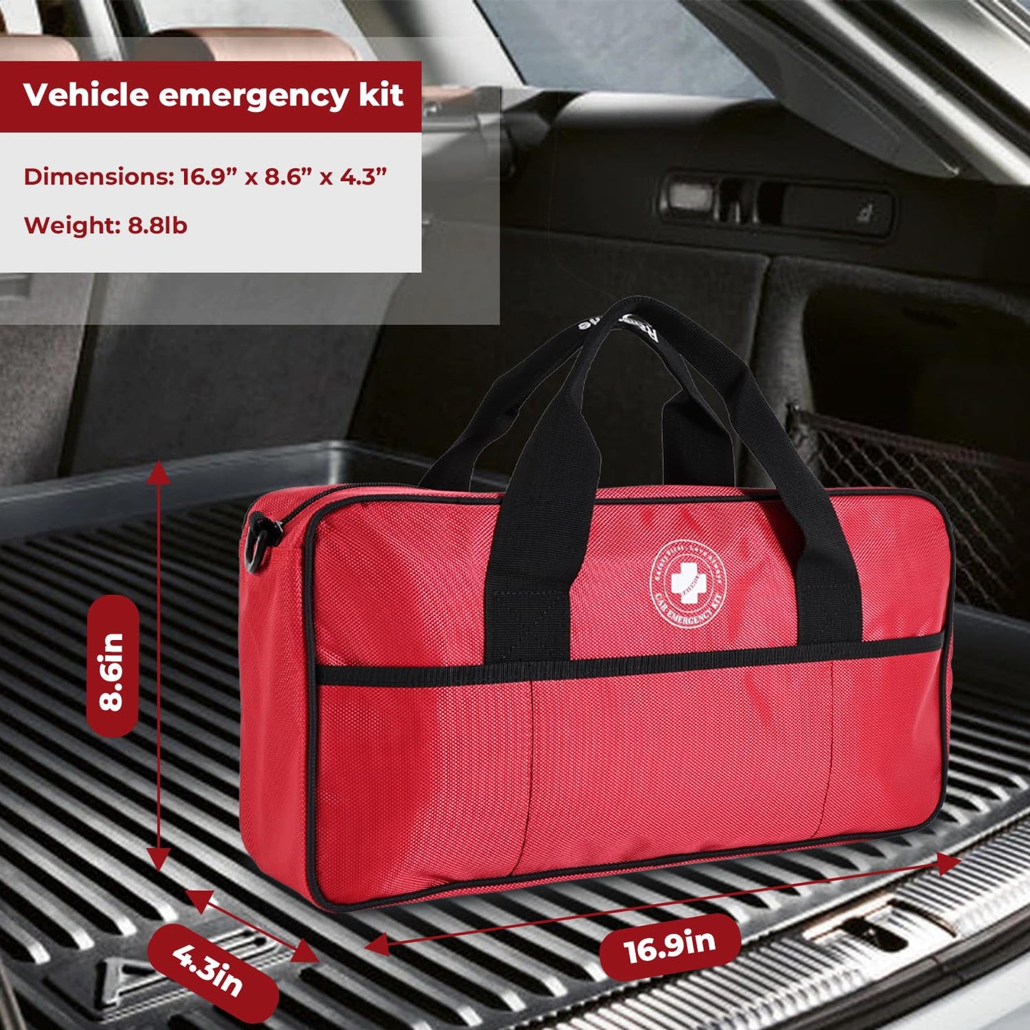 All-in-One Car Emergency Kit with Digital Tire Inflator, Jumper Cable, Tow Strap, Reflective Triangle, First Aid Kit, Hand Crank Flashlight, and Repair Tools for Roadside Safety (Red)