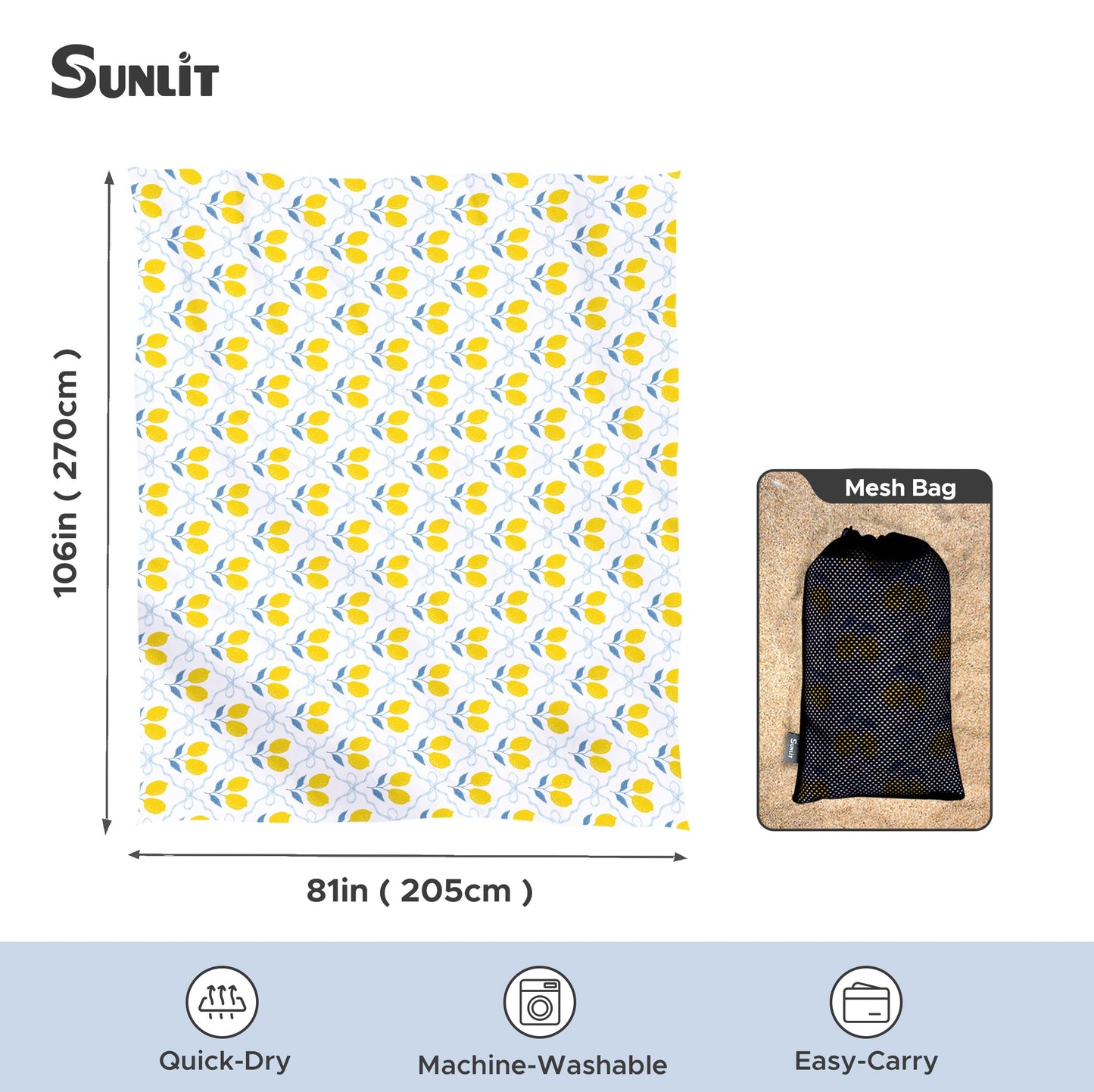 Sunlit Large Beach Blanket Waterproof Sand Proof, 81" x106" Sand Free Mat with Corner Pockets and Storage Bag, for Travel Beach Camping Outdoor Festival, Chic Summer Accent Lemon Lattice