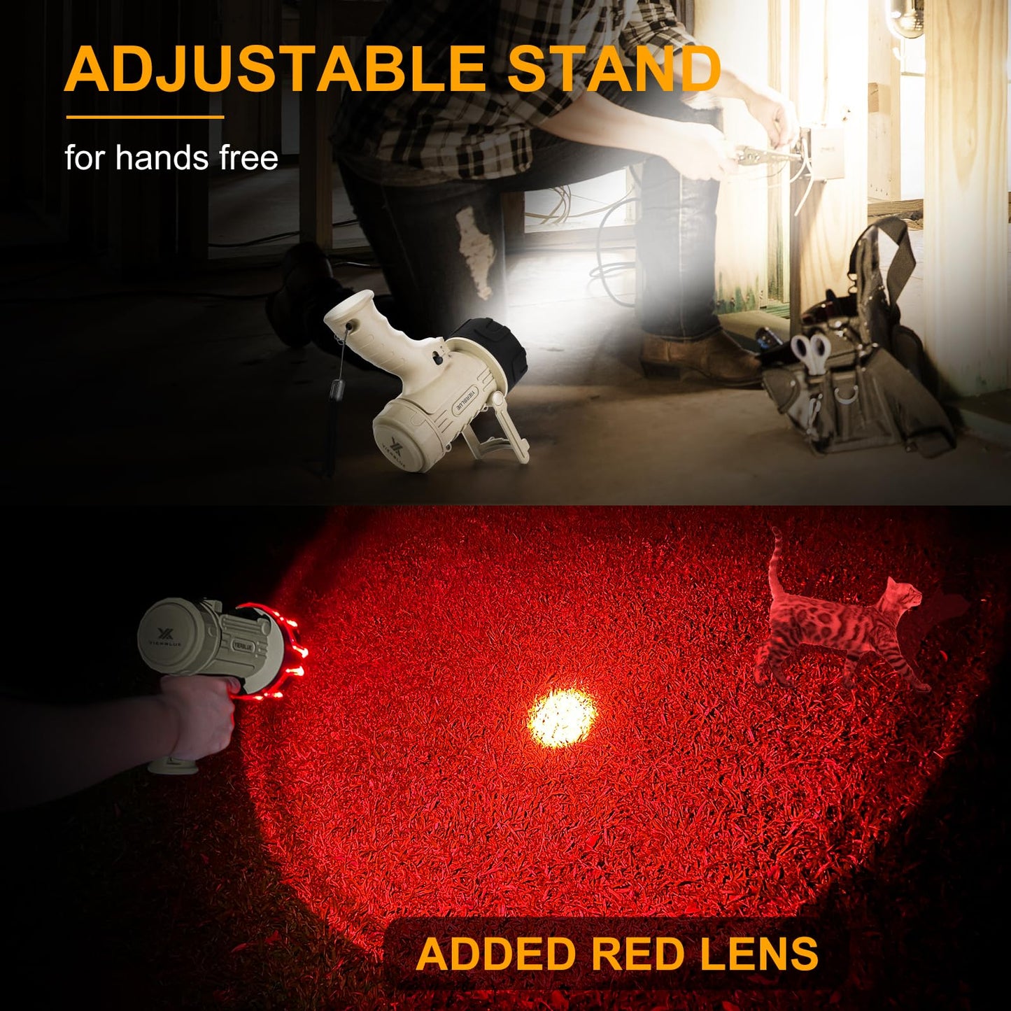 YIERBLUE Rechargeable Spotlight Flashlight with 2000000 High Lumen LED, IP67 Waterproof Long Running Spot Light searchlight, Impact Resistant Handheld Spotlight with Foldable Stand and Red Lens