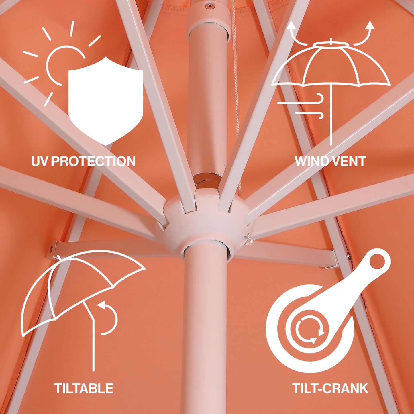 JONATHAN Y UMB1002H Tracy 9 ft. Classic MidCentury Scalloped Fringe Market Patio Umbrella with Auto-Tilt Crank, Wind Vent and UV Protection in Coral Pink/White, White Pole