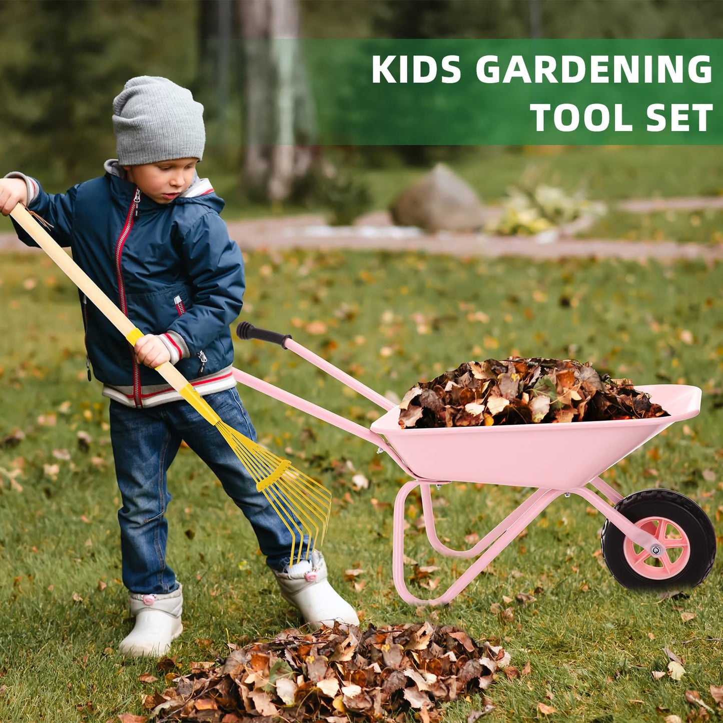 DaisyInner 5 Pcs Kids Gardening Tool Set Include Kids Wheelbarrow Metal Small Toddler Wheelbarrow Wagon with 4 Piece Kids Shovel, Rake, Hoe, Leaf Rake Wooden Gardening Tools for Boys and Girls (Pink)