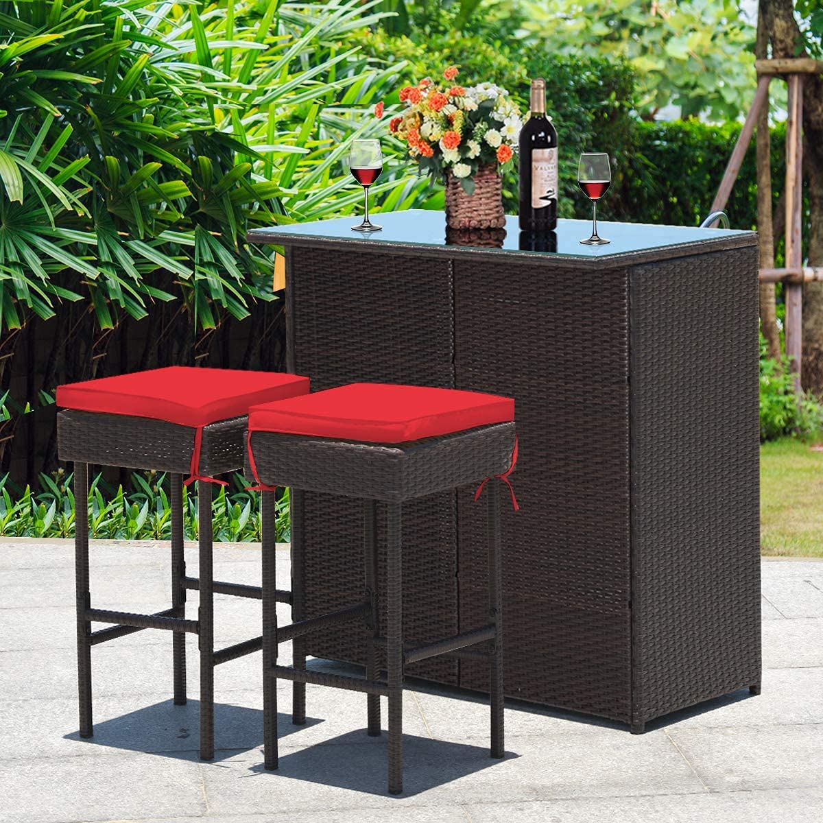 Giantex ReunionG Outdoor Patio Bar Set, 2 Cushions Stools & Glass Top Table, Bar Rattan Set 3-Piece Wicker Bar Stools & Table with 2 Storage Shelves for Lawn Pool Backyard Garden Porches (Red)