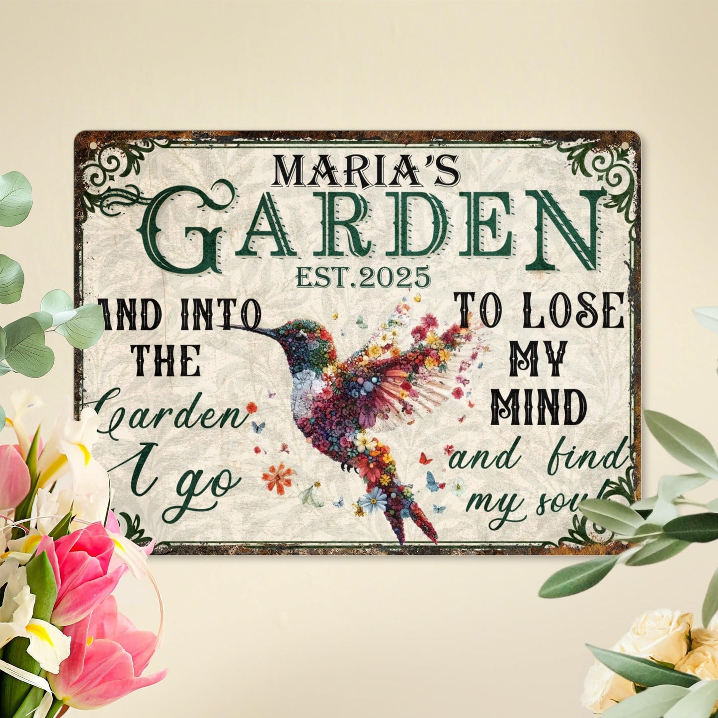 Custom Garden Signs Personalized Metal Tin Sign for Women, Retro Funny Hummingbird Metal Sign for Outdoor, Patio, Yard Rustic Home Decor Gift for Mothers Day, Grandmas, and Gardening Lovers