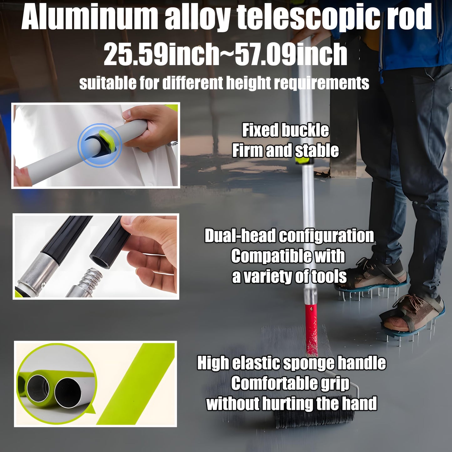 Self Leveling Cement Tool Kit,Epoxy Flooring Tool Kit,Self-Leveling Rake,Spike Shoes for Epoxy Flooring,Floor Leveling Tools,Spike Roller for Self-Leveling,23.62~55.12 inch Telescopic Pole