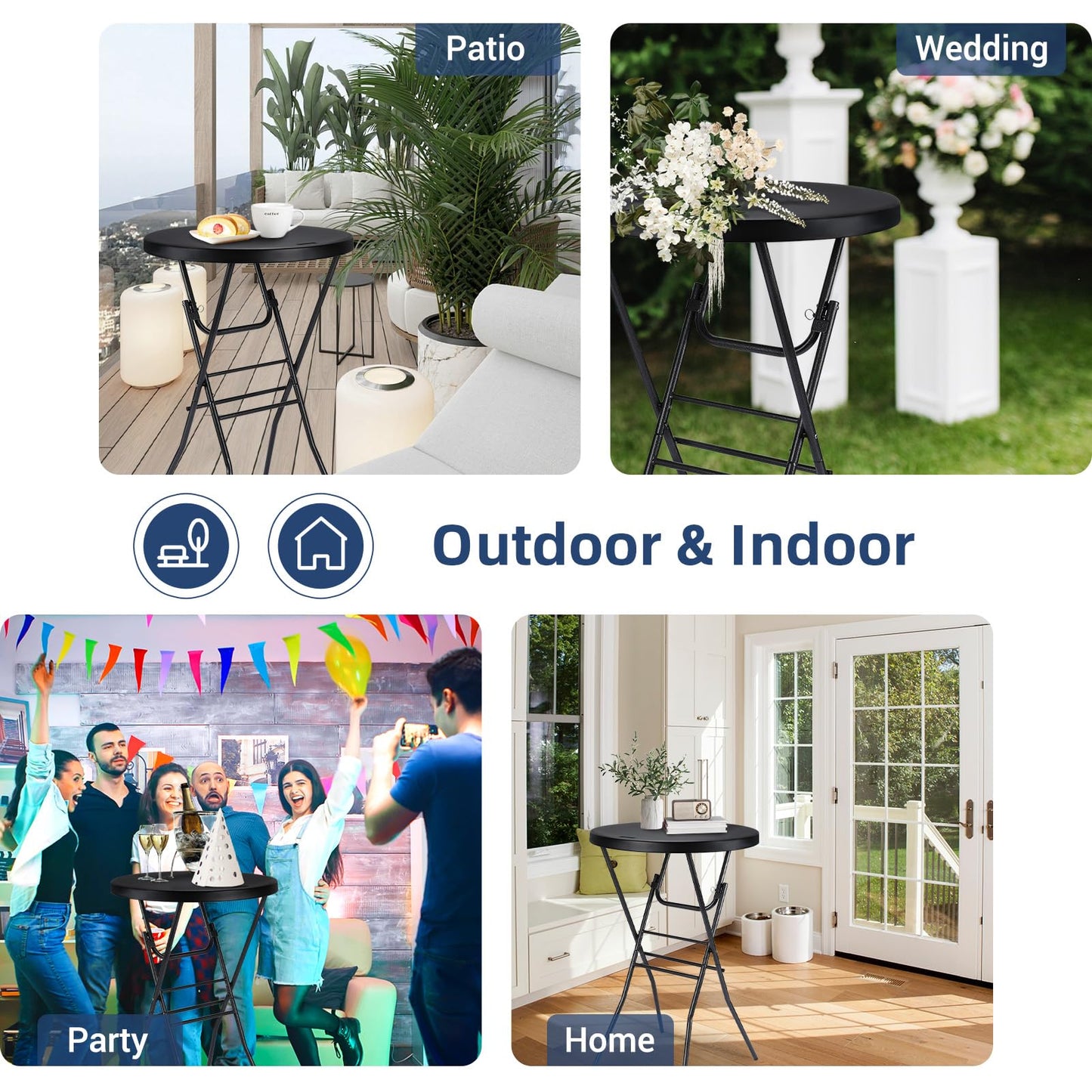 Byliable Cocktail Table 28in Folding Round High Top Indoor Outdoor with Removable Legs, Tall Bistro Foldable Bar Height Table for Parties, Patio, Backyard, Dining Room, Events, Black- 2PCS