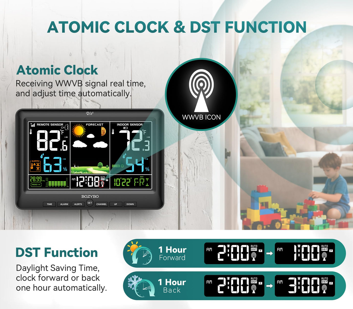 Weather Station Wireless Indoor Outdoor Thermometer: BOZYBO Digital Atomic Clock with Indoor/Outdoor Temp, Temperature Gauge Weather Clock with Calendar and Adjustable Backlight