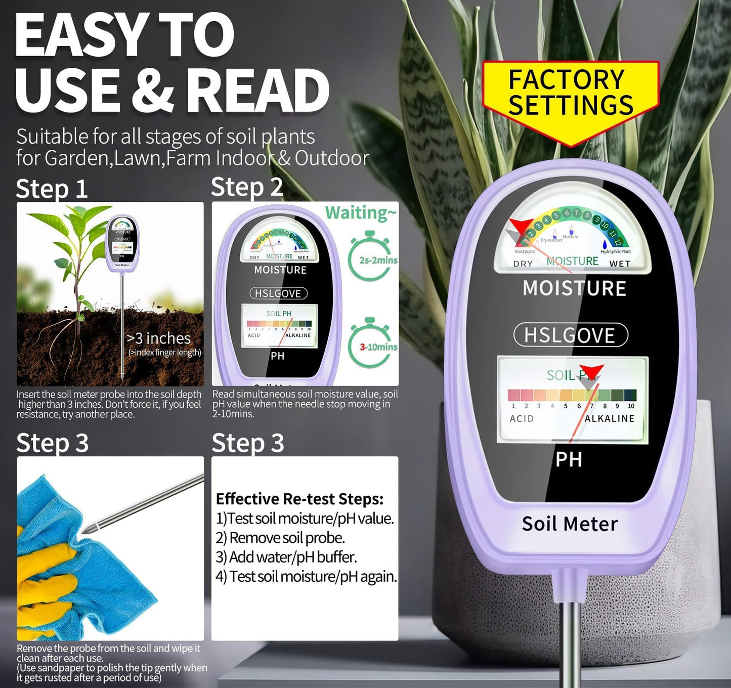 HSLGOVE Soil Test Kit, 2-in-1 Soil Moisture Meter/Soil PH Meter, Dual Screen Soil Tester, Soil Moisture Meter for Plants Watering/Gardening for Lawn,Farm Indoor&Outdoor Use-Purple