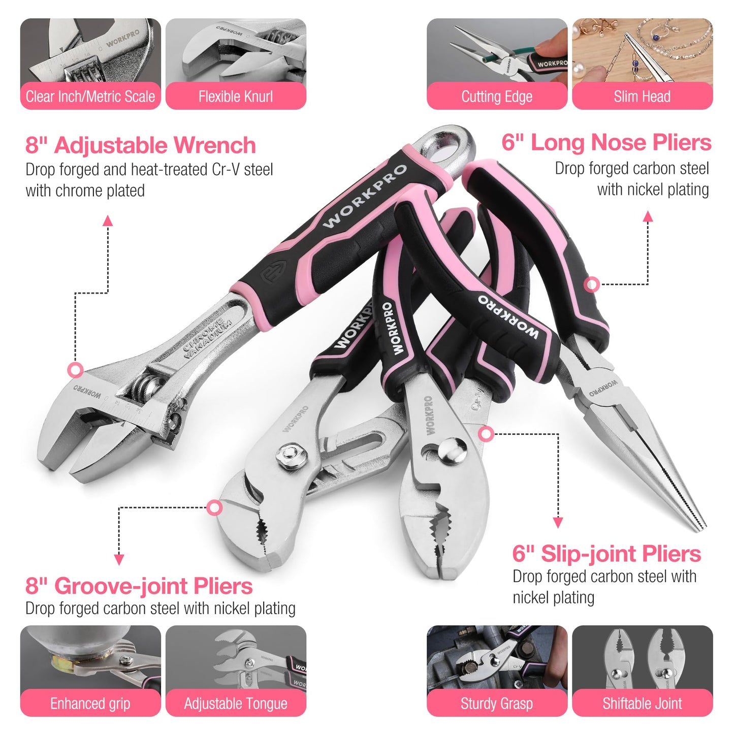 WORKPRO Pink Tool Set, 277 PCS Home Repairing Tool Kit, Pink Tool Bag with 13-Inch Wide Mouth Open Storage Bag, Portable Home Tool Kit Including Hammer, Screwdriver, and Household Tools - Pink Ribbon
