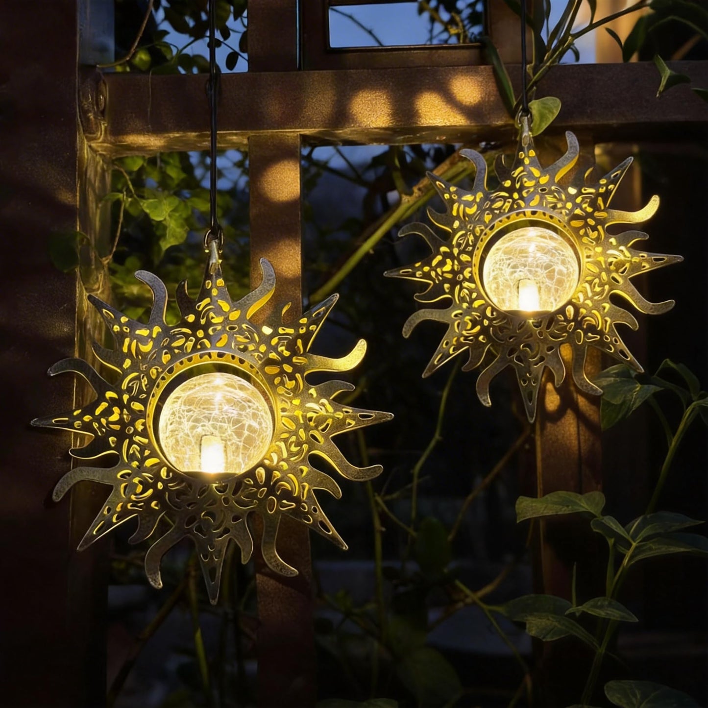 QCF Hanging Solar Sun Lights Outdoor Waterproof Decor, 2 Pack Metal Daystar Shell & Glass LED Globe Lanterns for Garden, Backyard, Balcony, Patio, Tree, Wall, Mother's Day Gifts for Women Mom