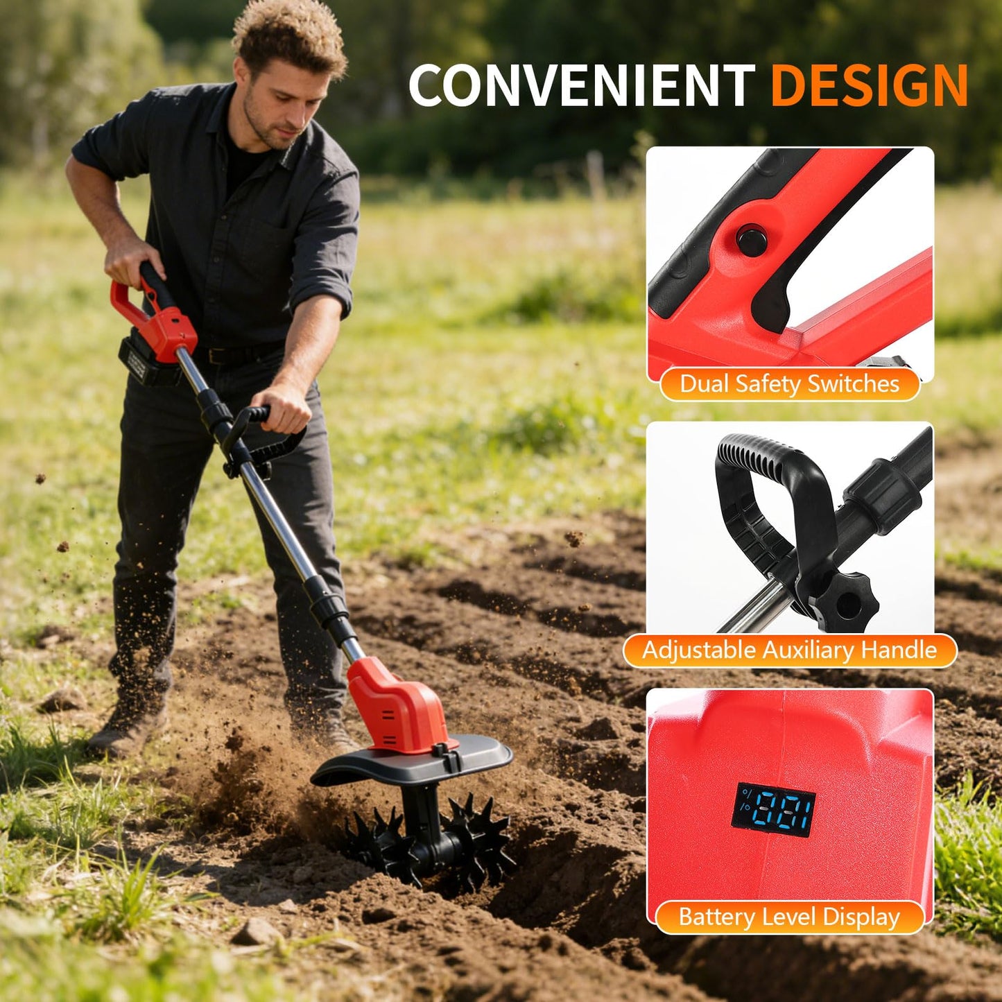 Cordless Electric Tiller for Gardening, Garden Tiller, Cordless Cultivator, Rototiller, 800W Brushless Motor w/ 2X 6.0Ah Batteries, 9" Tilling Width & 6.6" Depth, 360 RPM, 4 Steel Blades, Hand Tiller