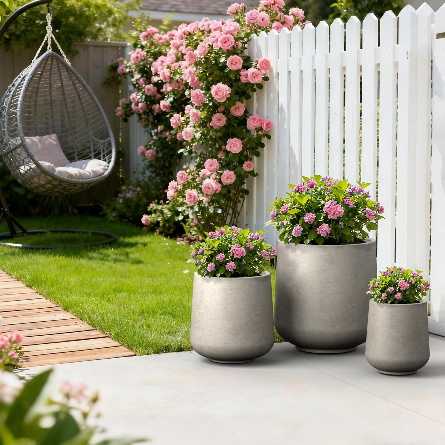 Kante 15.3"+11.6"+8.2" Dia Round Concrete Planter, Large Outdoor Indoor Planter Pots Containers with Drainage Holes and Rubber Plug for Home Garden Patio, Buff Concrete