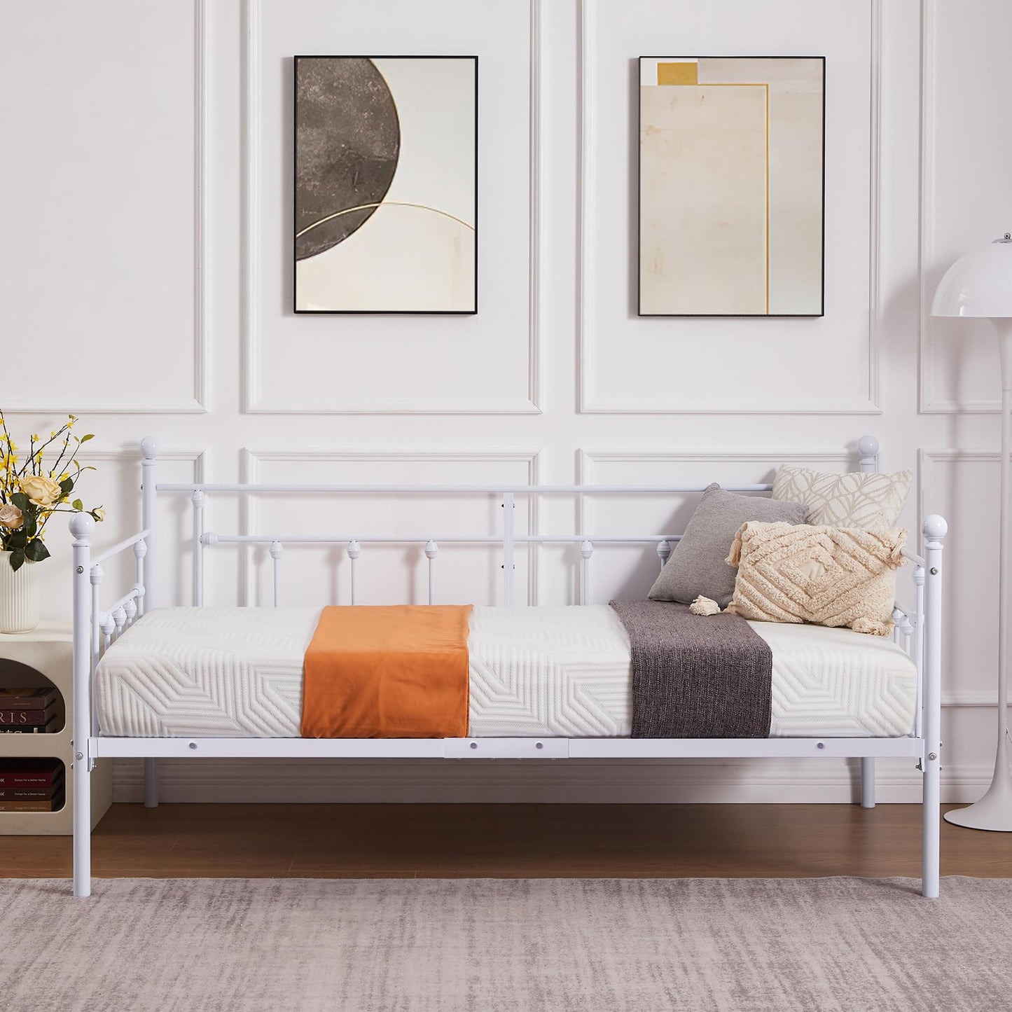 VECELO Daybed Frame,Twin Size Metal Platform Sofa Bed with Headboard，Heavy Duty Steel Slats Support for Living Room, Guest Room, Easy Assembly, White