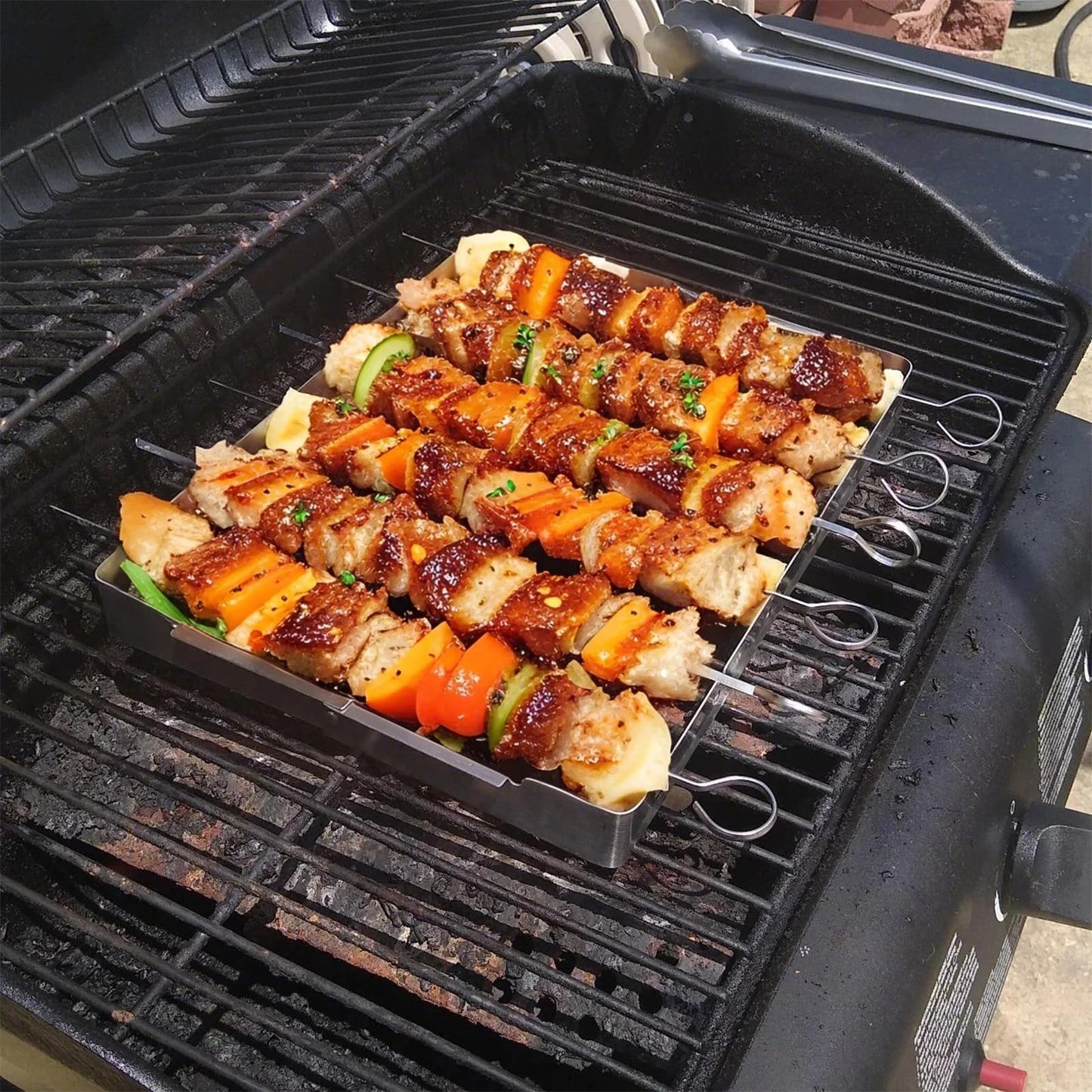 Laexepelle Stainless Steel BBQ Shish Kabob Set, Foldable Grill Rack with 6pcs 13"L Reusable Skewers for Ooudoor Indoor Party and Cookout