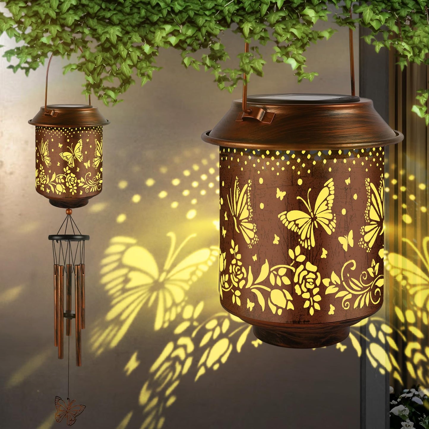 GLDFI Solar Lanterns with Wind Chimes - Garden Decor Set Includes Greeting Card & Gift Wrap Paper, Patio Yard Birthday Gifts for Women, Solar Lanterns Outdoor Waterproof (Butterfly)