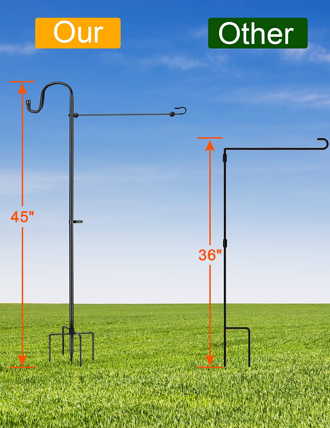 LOPANNY Garden Flag Stand - Upgraded Garden Flag Pole with Shepherd Hooks for 12 x 18 Flag, 45IN Yard Flag Holder Stand for Small Flags(Without Solar Lights & Flag)