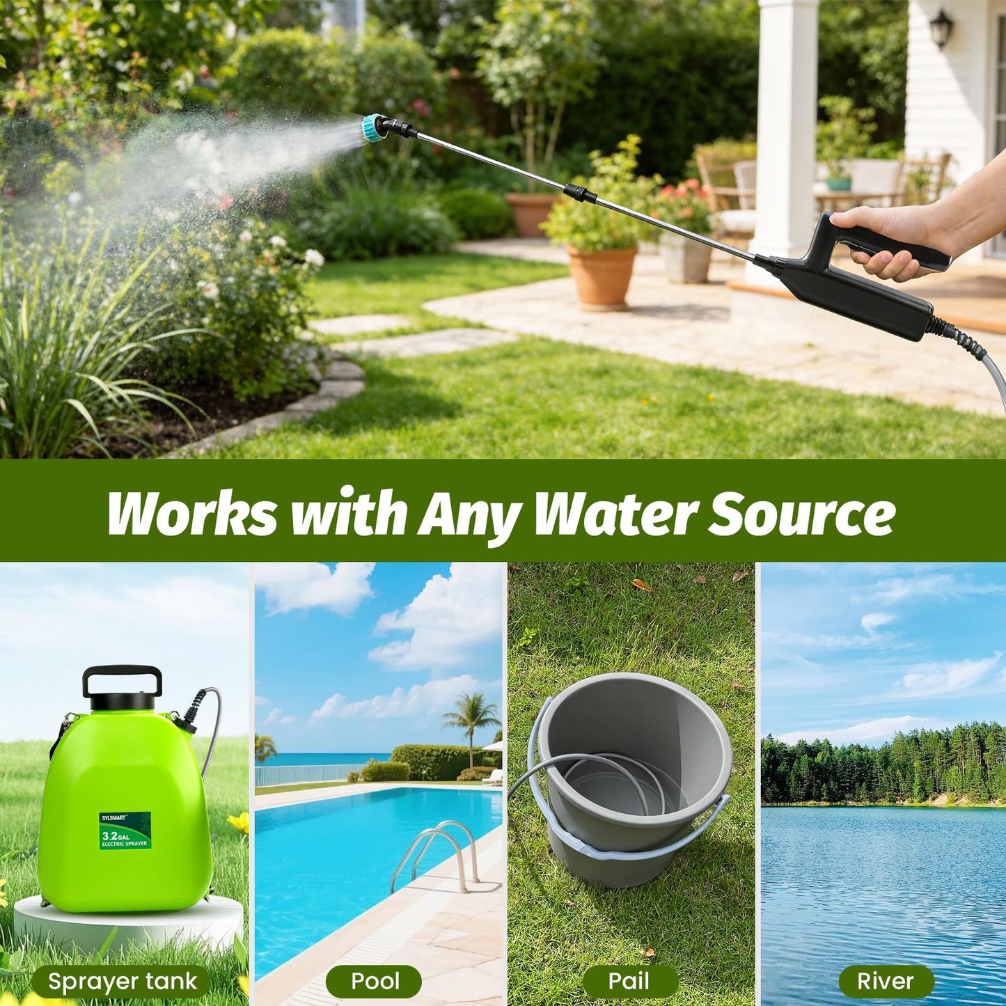 Sylsmart Battery Powered Sprayer Wand with 32.8FT Extended Hose, Electric Garden Sprayer with 3 Speeds & Battery Indicator, 4 Nozzles, 7.4V Portable Weed Sprayer for Lawn Care, Fertilizing, Watering