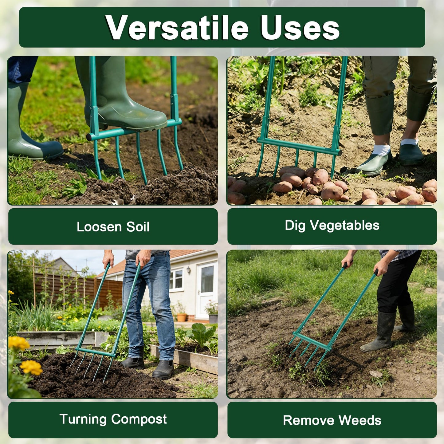 Broad Fork Garden Tool - 5 Tines Heavy Duty Broadfork for Digging, Cultivating & Loosening Soil, Ergonomic U-Shaped Design Hand Tiller for Gardening & Farming