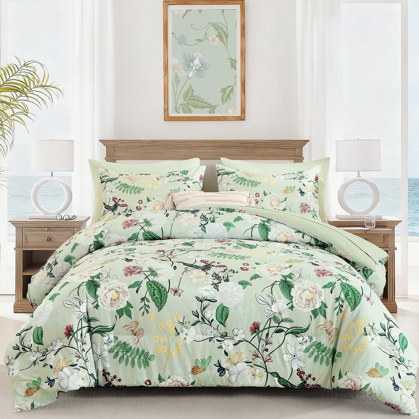 Anibedding 7Pieces Floral King Size Comforter Set, Green Garden Plant Style Bed in a Bag Flower Bedding with Pillow Case for Bedroom