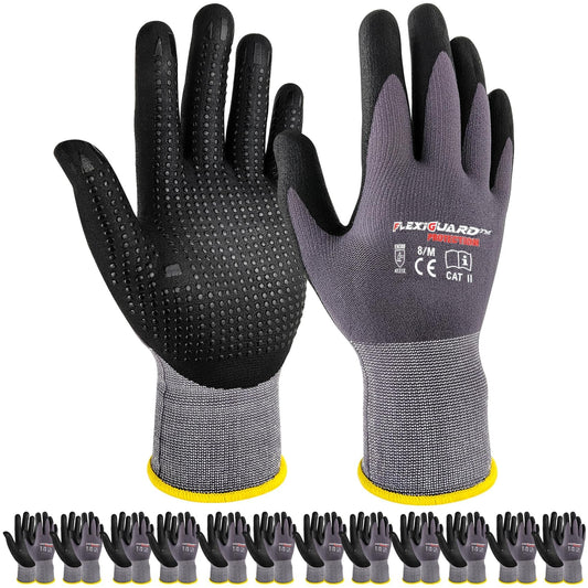 Gasoline Safety Work Gloves Extra Micro-Foam Nitrile Coated-12 Pairs,Endurance Seamless Knit Nylon Spandex,Dots on Palm, Dot Grip Gloves，Work Gloves Men and Women (12, XL)