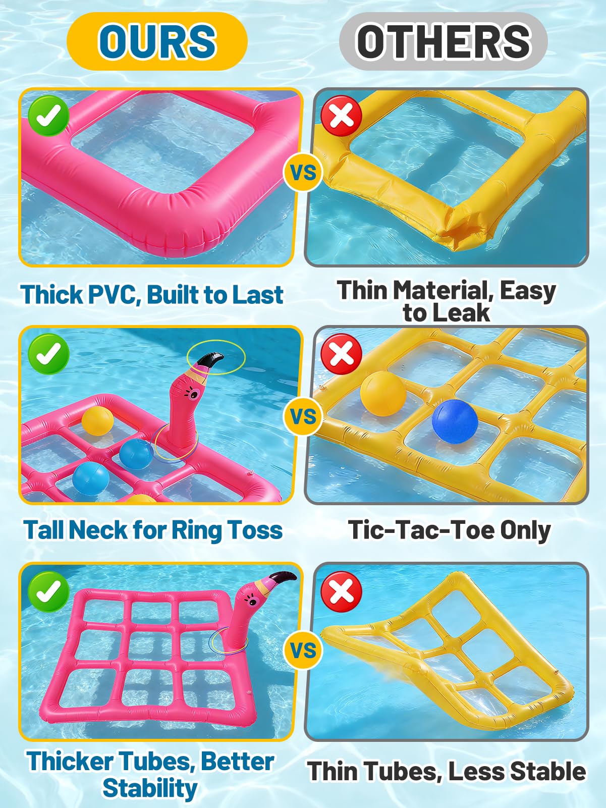MADHOLLY 2 in 1 Pool Games Set for 2-10 Players - Inflatable Tic-Tac-Toe & Flamingo Ring Toss with 10 Balls & 6 Rings, Outdoor Summer Beach Yard Toys for Family, Adults, Kids