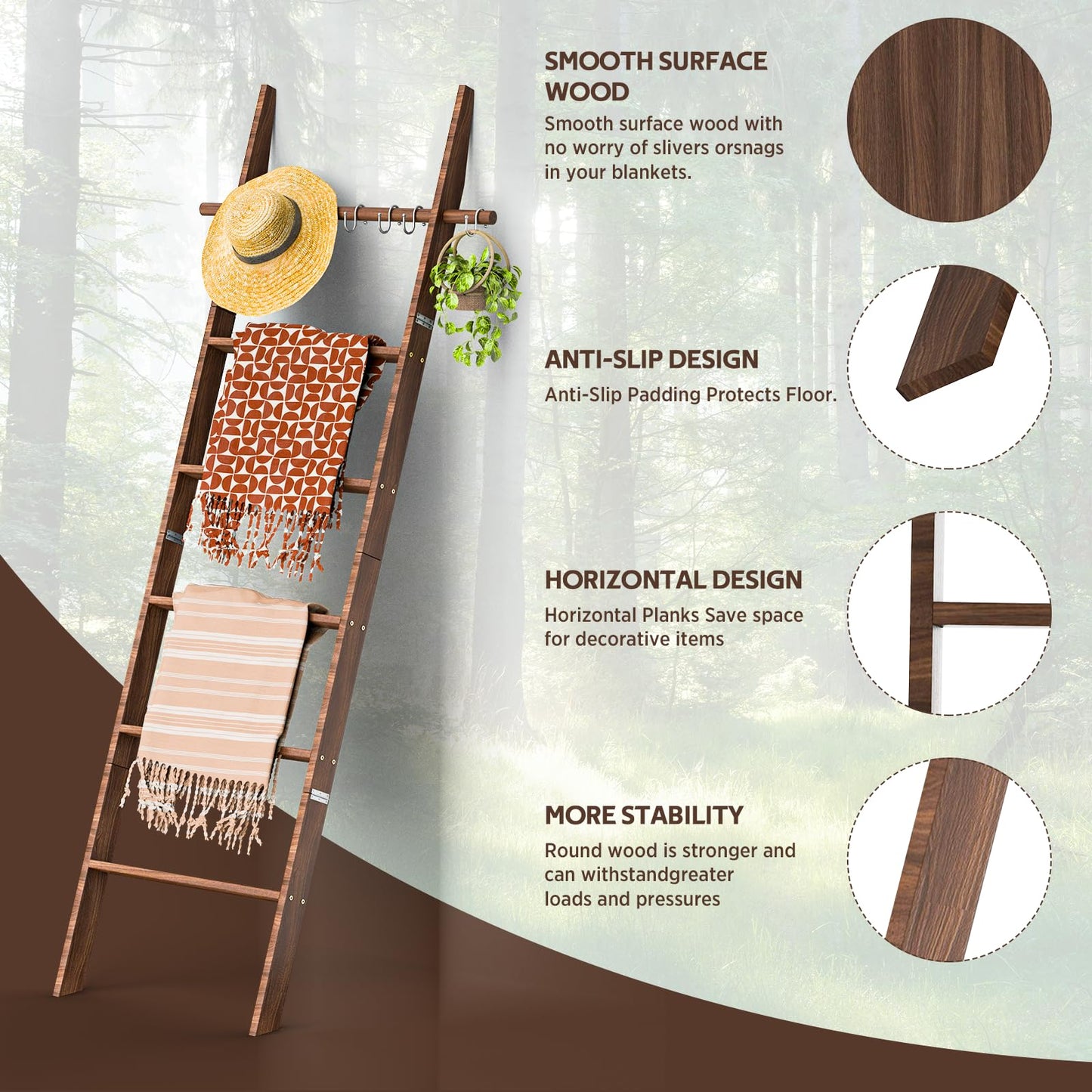chilinii Farmhouse Wooden Blanket Ladder with Removable Hooks, 6-Tier Rustic Blanket Rack Decorative Stand, Leaning Towel Quilt Rack Holder for Bathroom Living Room Decor Brown