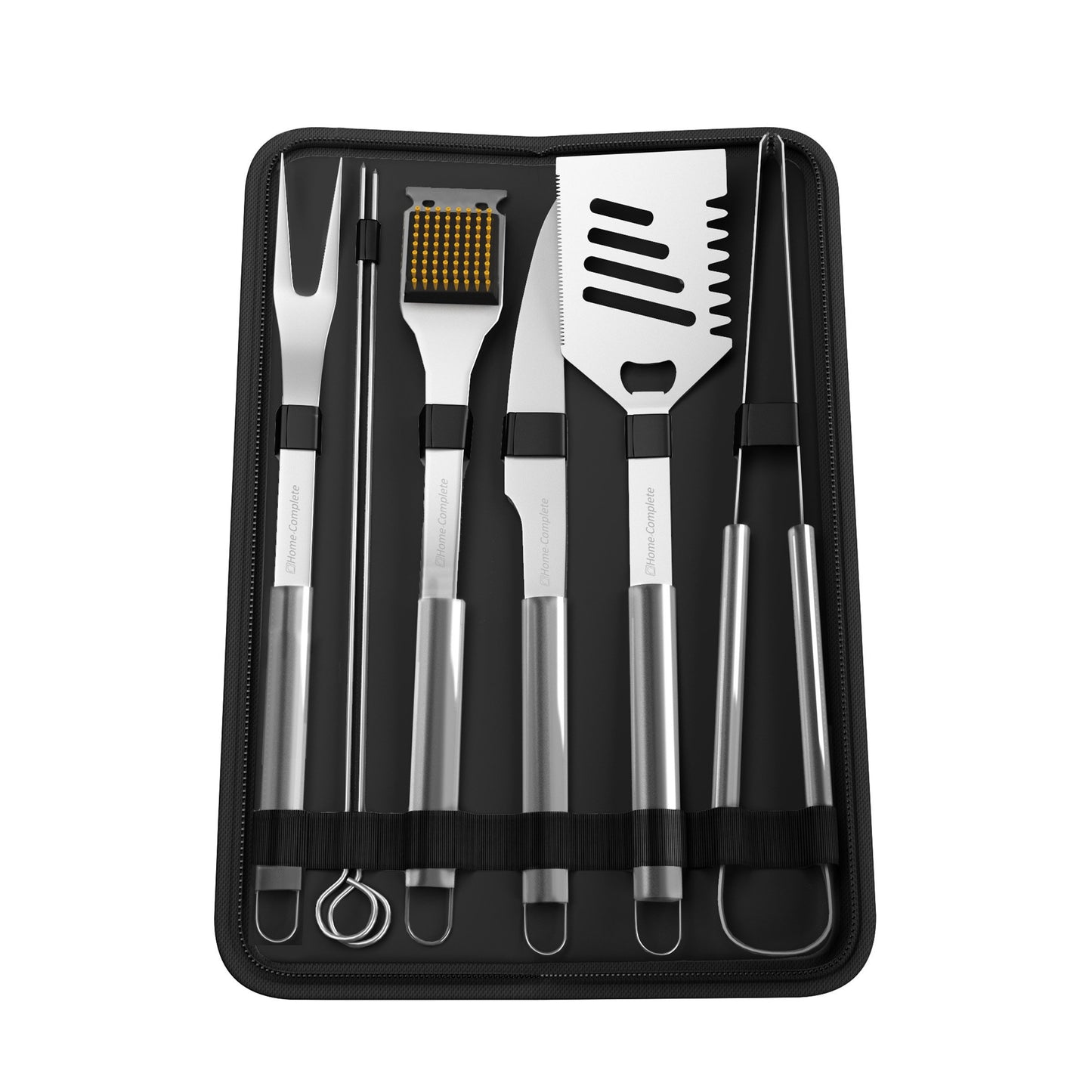 7-Piece BBQ Grill Tool Kit - Stainless Steel BBQ Accessories Kitchen Set with Spatula, Tongs, Fork, Knife, Brush, Skewers, and Case by Home-Complete