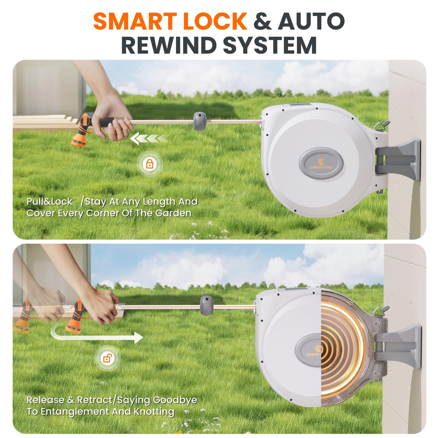Giraffe Tools CW20 Retractable Garden Hose Reel 5/8" x 60 ft Heavy Duty Water Hose Reel, Swivel Bracket, Any Length Lock, Light Grey